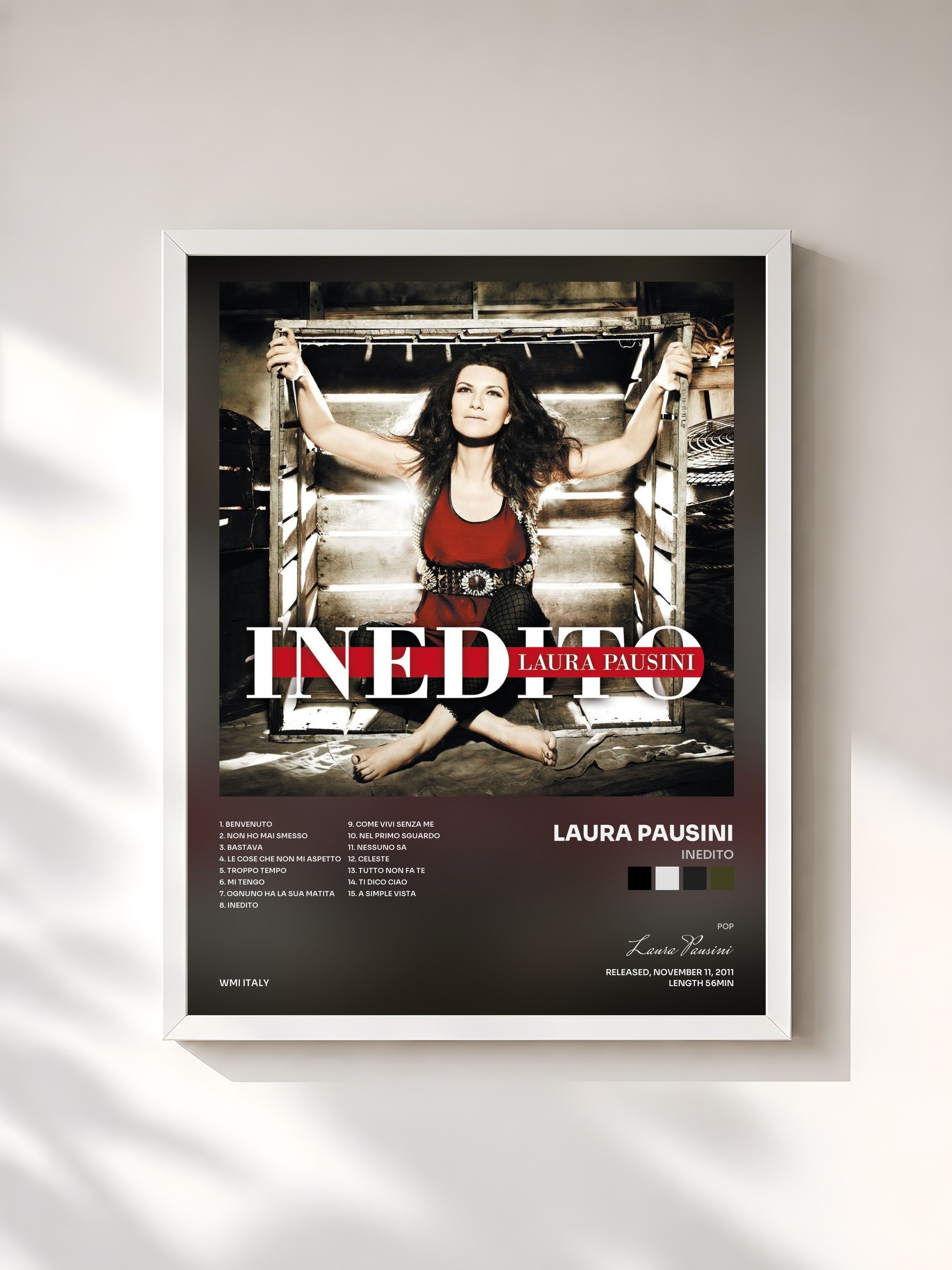 #blanc Tableau de l'album Inedito de Laura Pausini, cadre blanc, imprimé et encadré en France