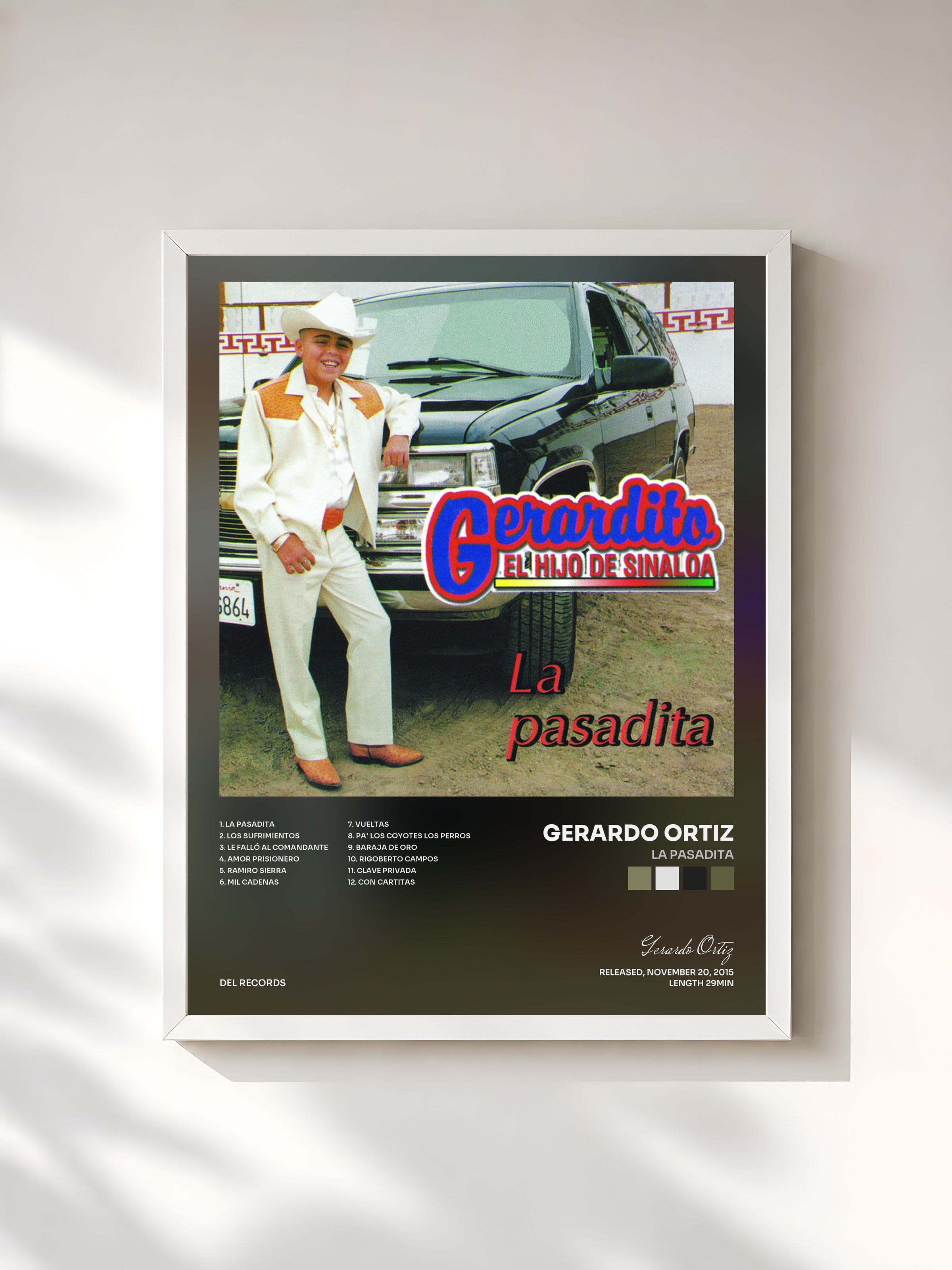 #blanc Tableau de l'album La Pasadita de Gerardo Ortiz, cadre blanc, imprimé et encadré en France