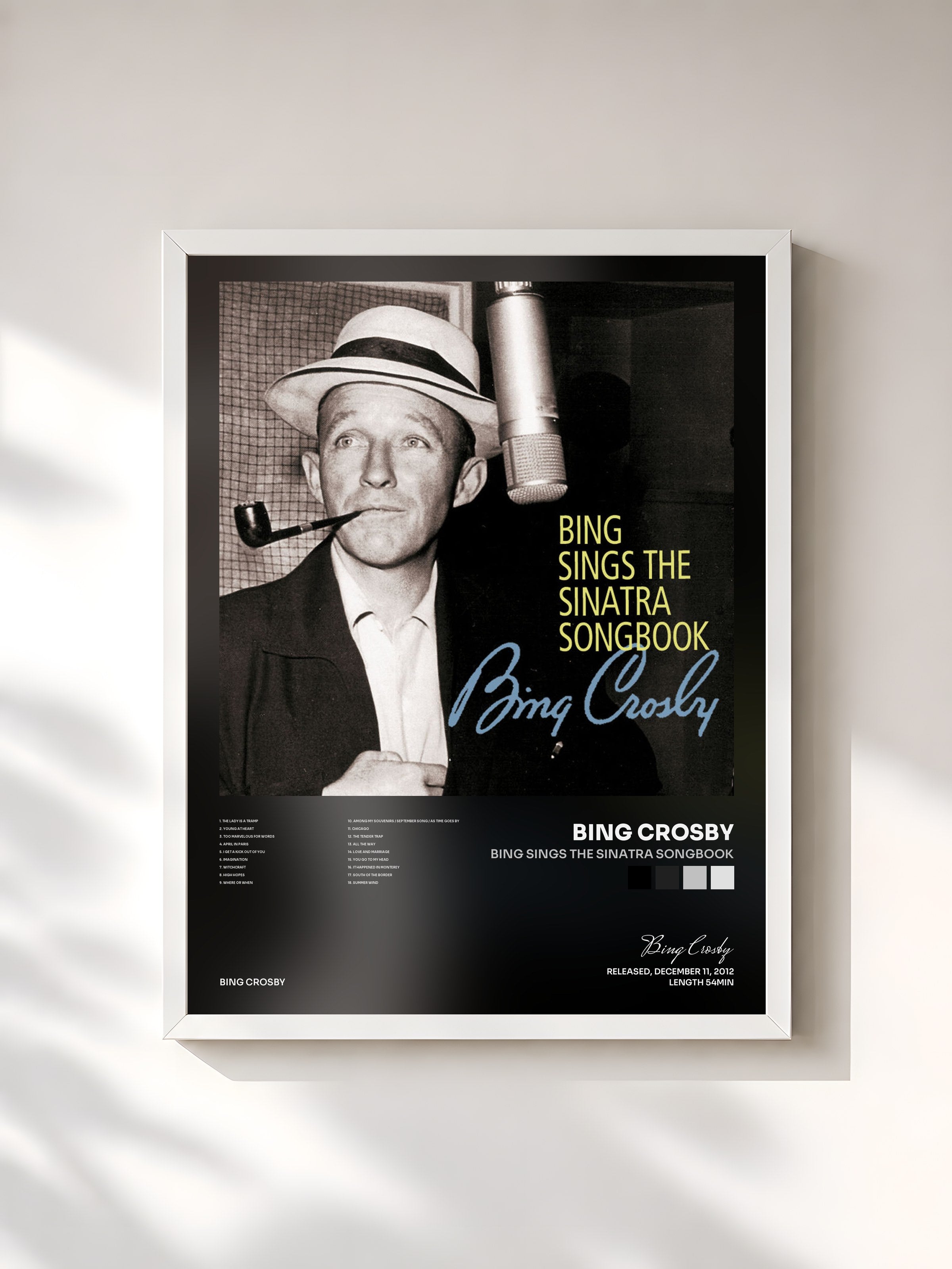 #blanc Tableau de l'album Bing Sings The Sinatra Songbook de Bing Crosby, cadre blanc, imprimé et encadré en France