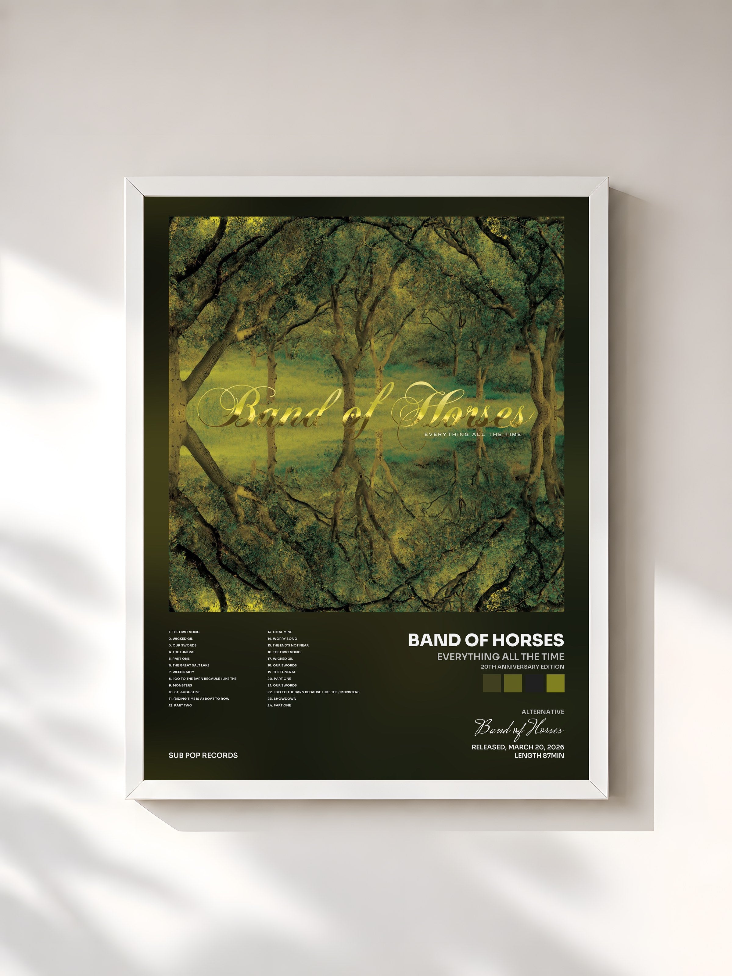 #blanc Tableau de l'album Everything All The Time (20th Anniversary Edition) de Band of Horses, cadre blanc, imprimé et encadré en France