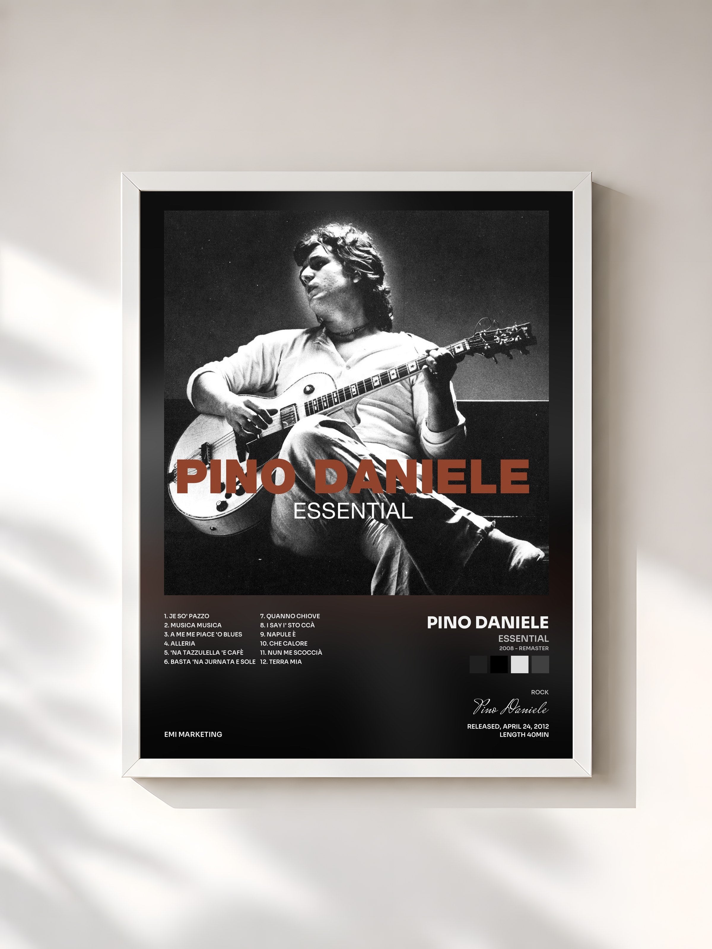 #blanc Tableau de l'album Essential (2008 - Remaster) de Pino Daniele, cadre blanc, imprimé et encadré en France