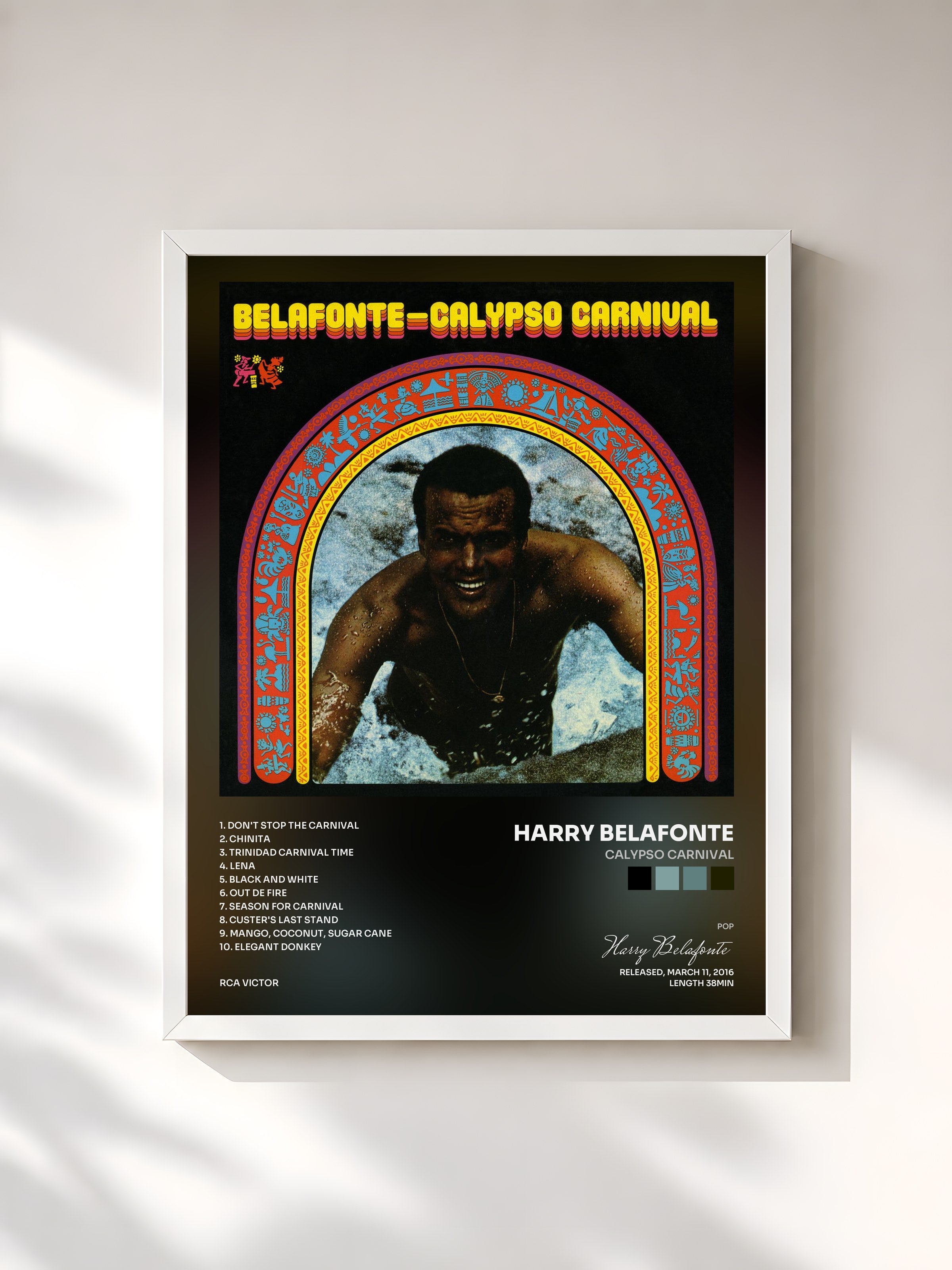#blanc Tableau de l'album Calypso Carnival de Harry Belafonte, cadre blanc, imprimé et encadré en France