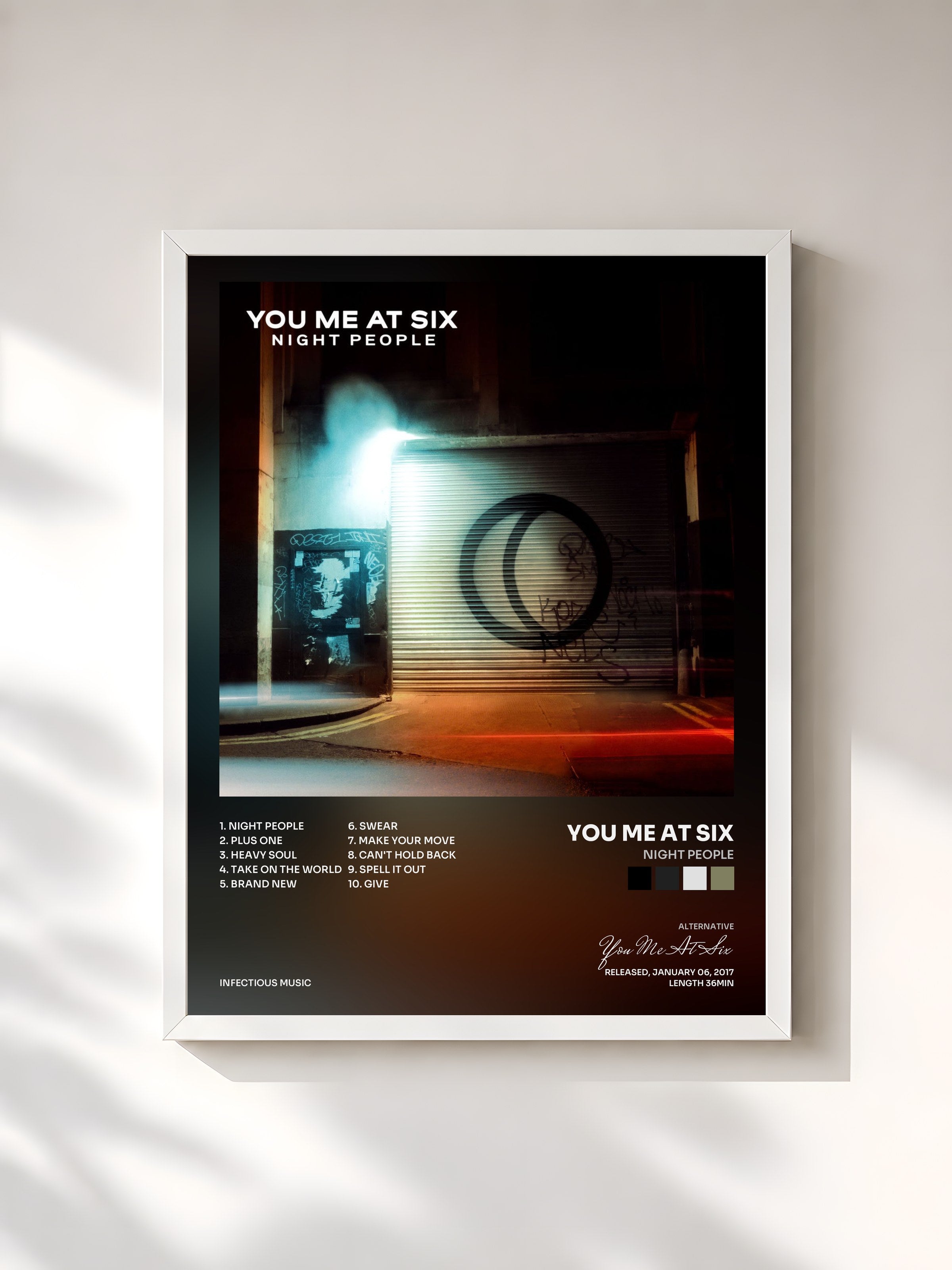 #blanc Tableau de l'album Night People de You Me At Six, cadre blanc, imprimé et encadré en France
