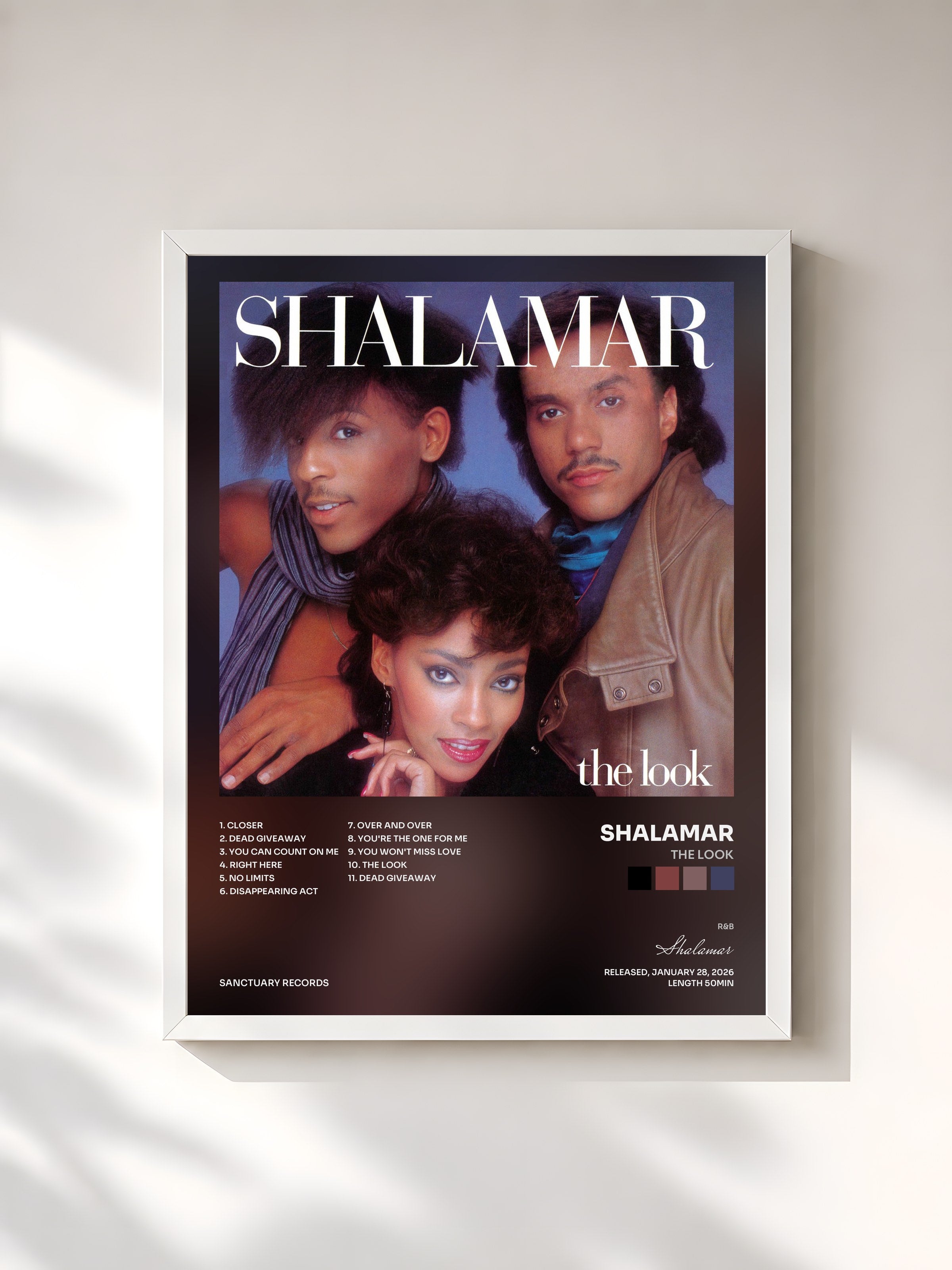 #blanc Tableau de l'album The Look de Shalamar, cadre blanc, imprimé et encadré en France