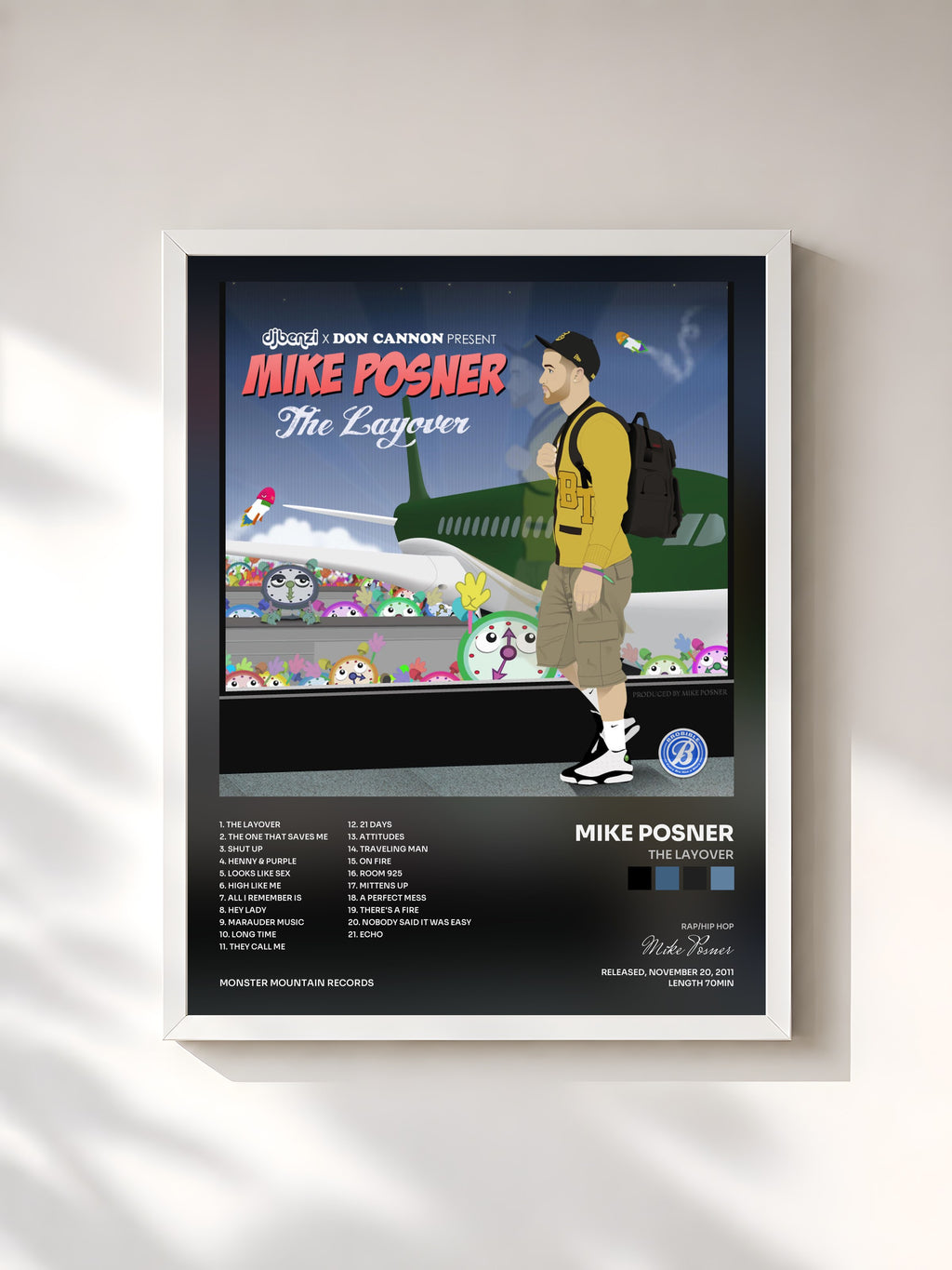 #blanc Tableau de l'album The Layover de Mike Posner, cadre blanc, imprimé et encadré en France