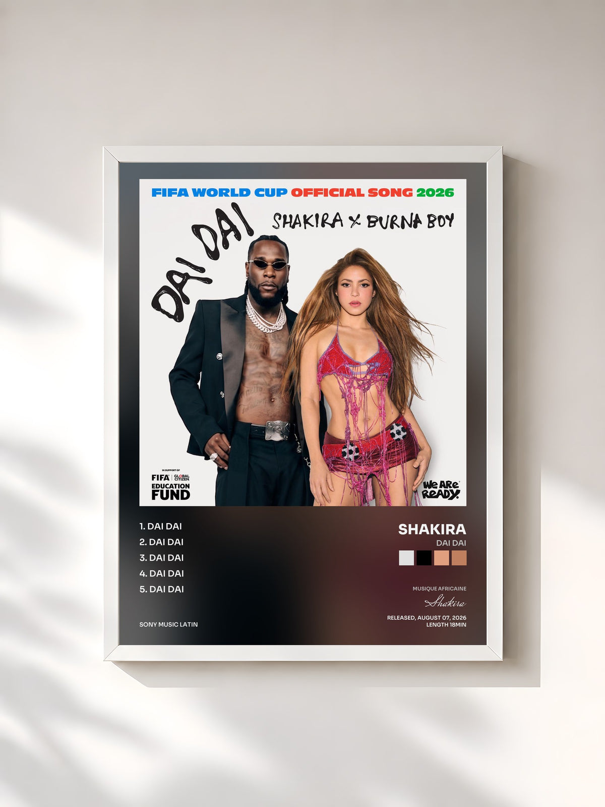 #blanc Tableau de l'album Dai Dai de Shakira, cadre blanc, imprimé et encadré en France