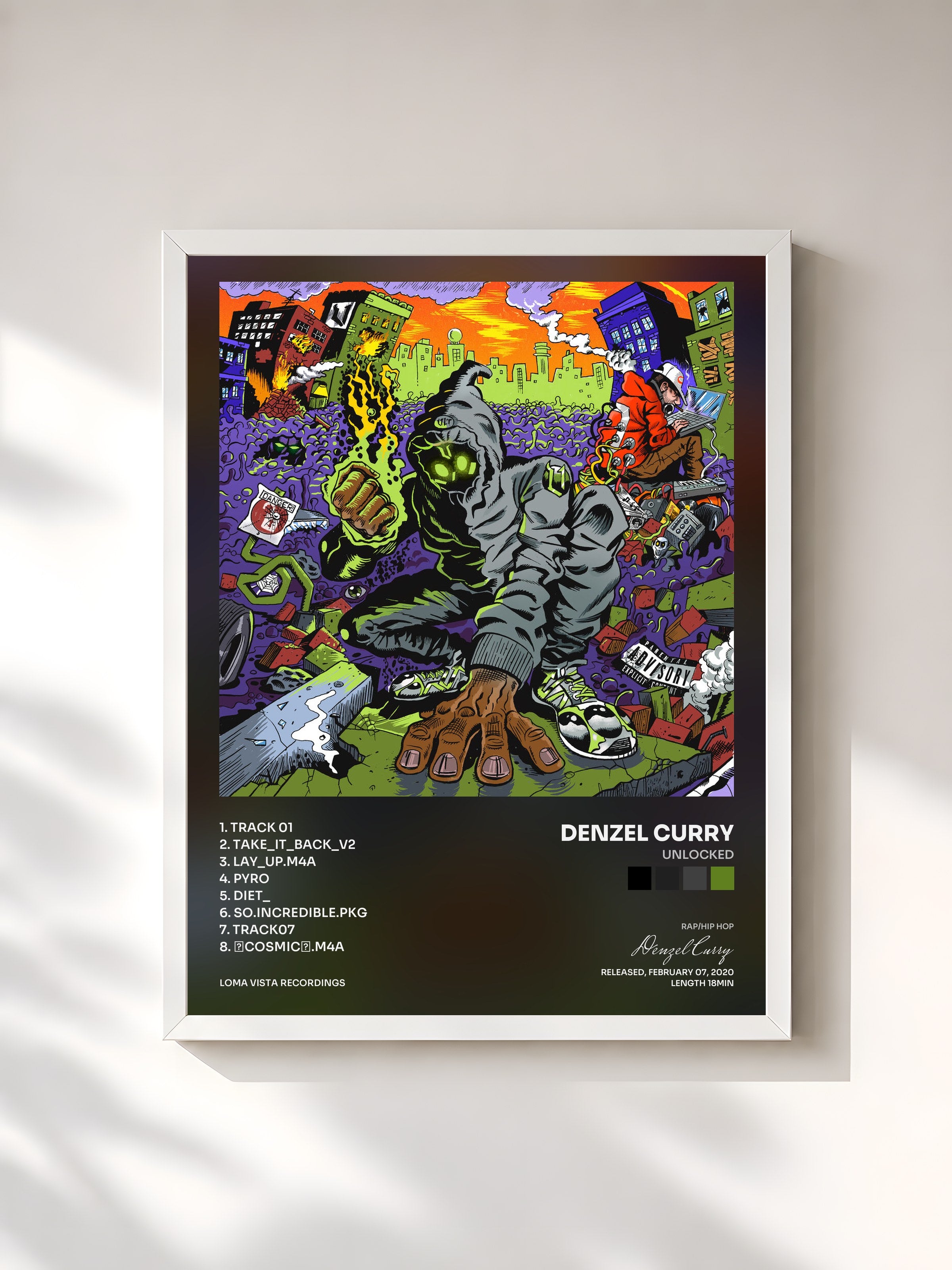 #blanc Tableau de l'album UNLOCKED de Denzel Curry, cadre blanc, imprimé et encadré en France