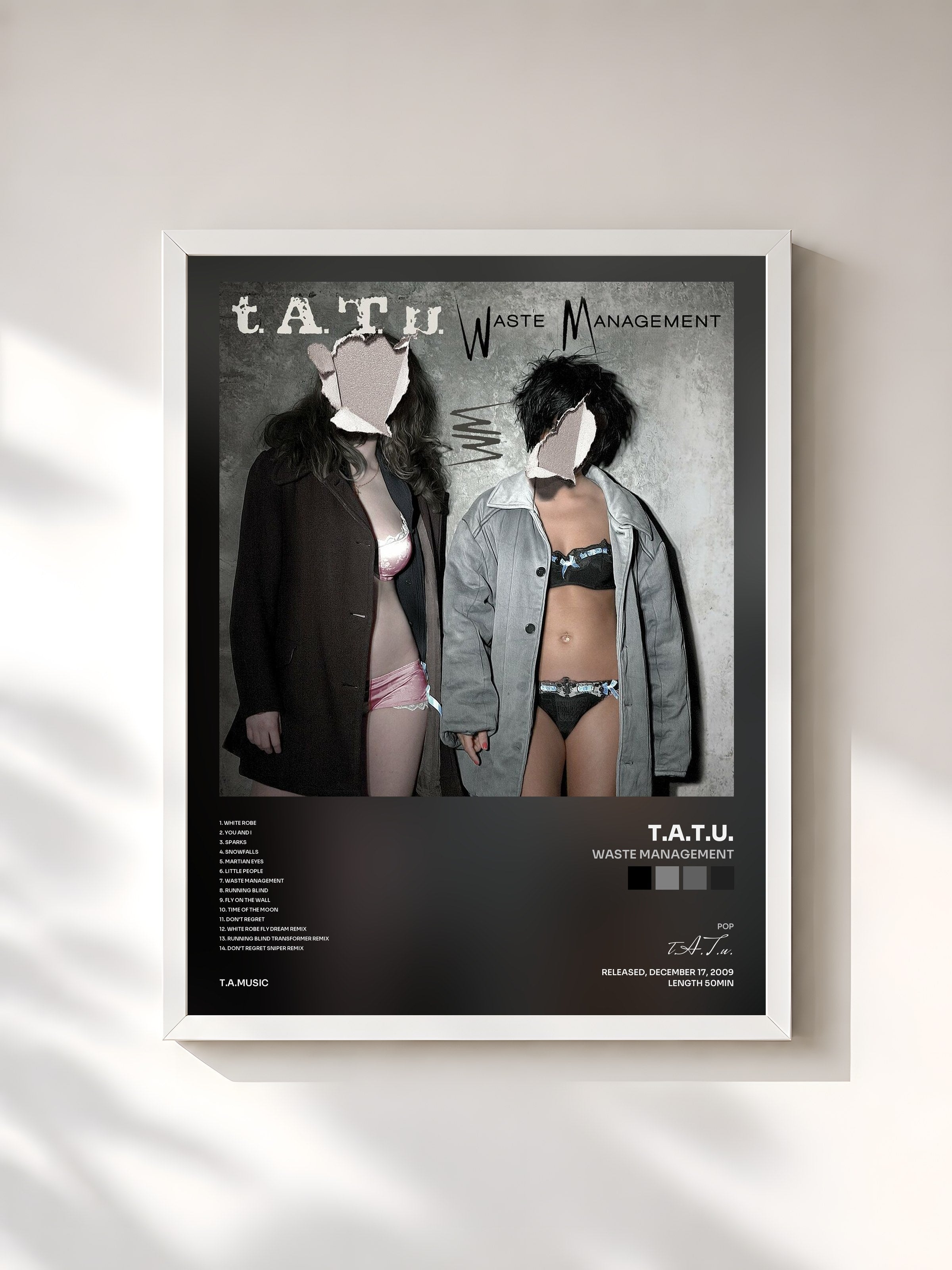 #blanc Tableau de l'album Waste Management de t.A.T.u., cadre blanc, imprimé et encadré en France