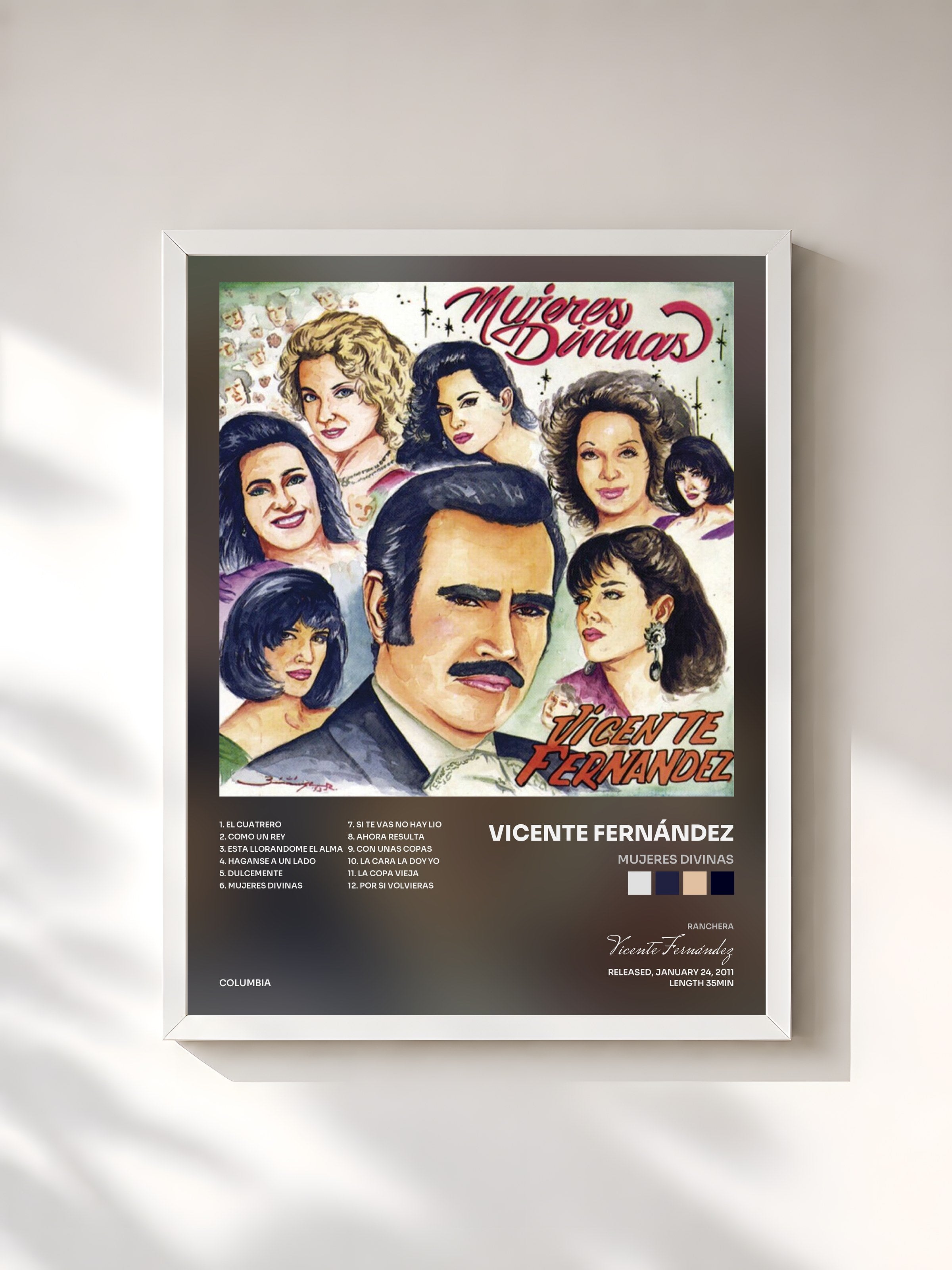 #blanc Tableau de l'album Mujeres Divinas de Vicente Fernández, cadre blanc, imprimé et encadré en France