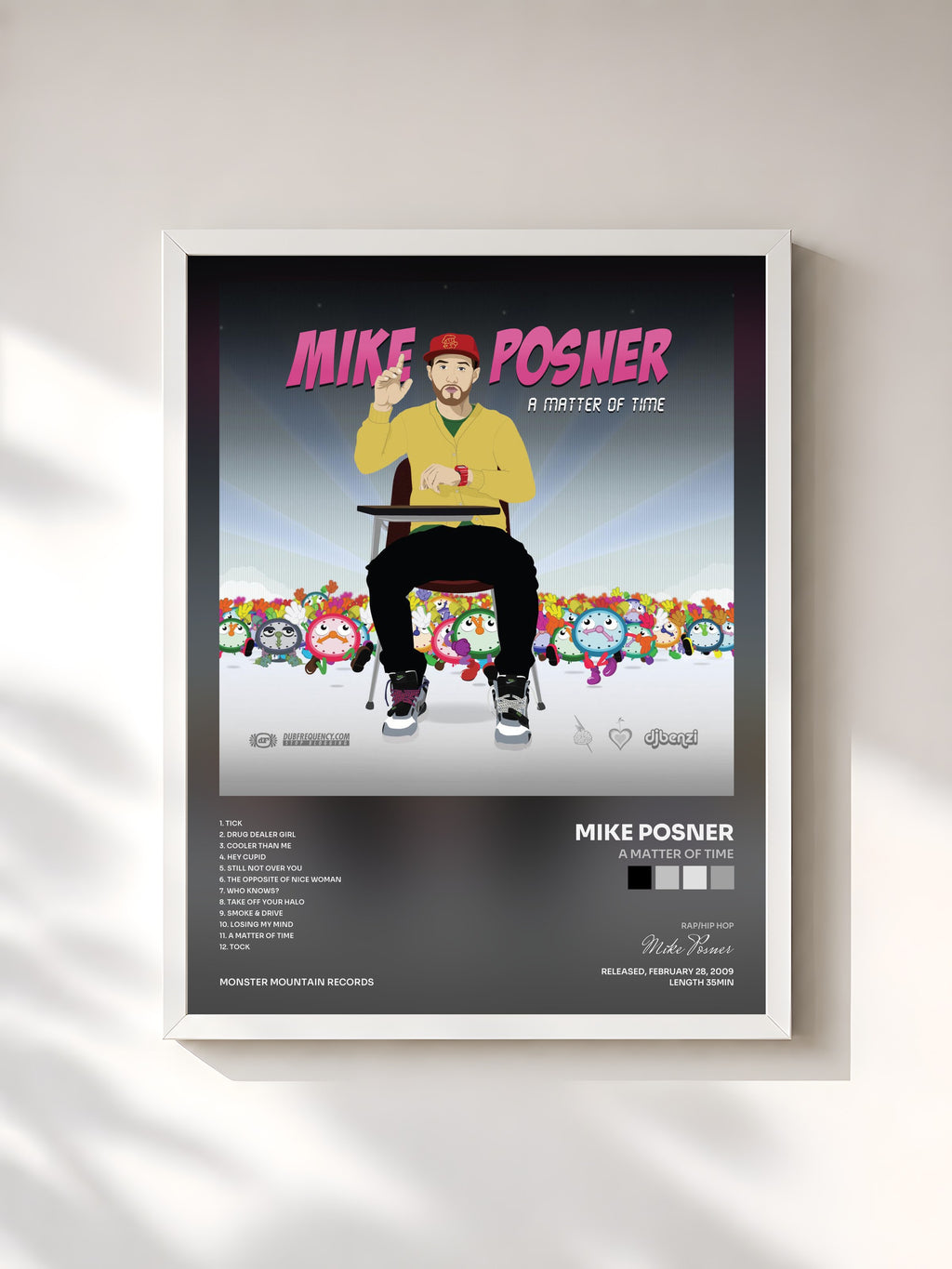 #blanc Tableau de l'album A Matter Of Time de Mike Posner, cadre blanc, imprimé et encadré en France