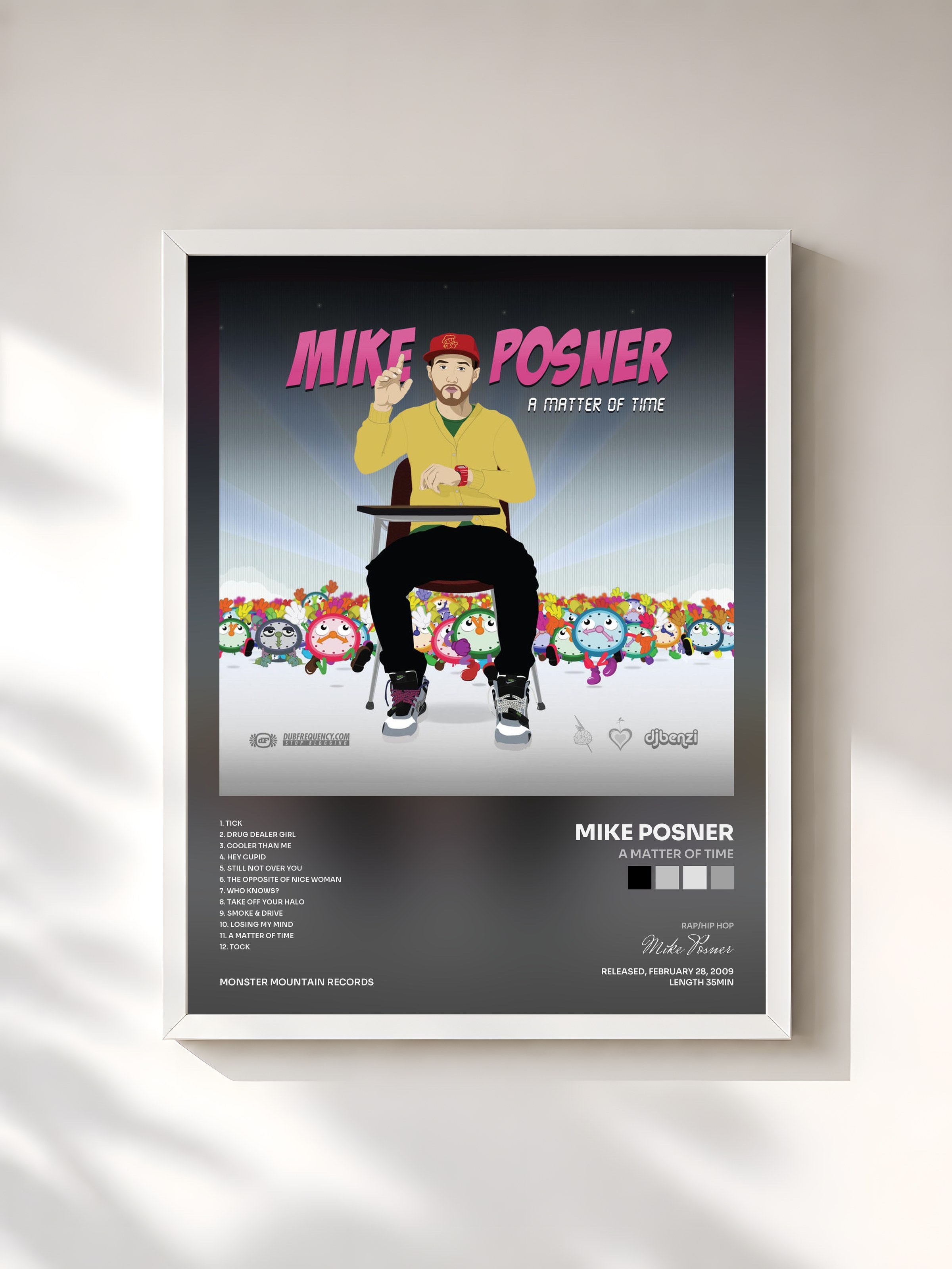 #blanc Tableau de l'album A Matter Of Time de Mike Posner, cadre blanc, imprimé et encadré en France