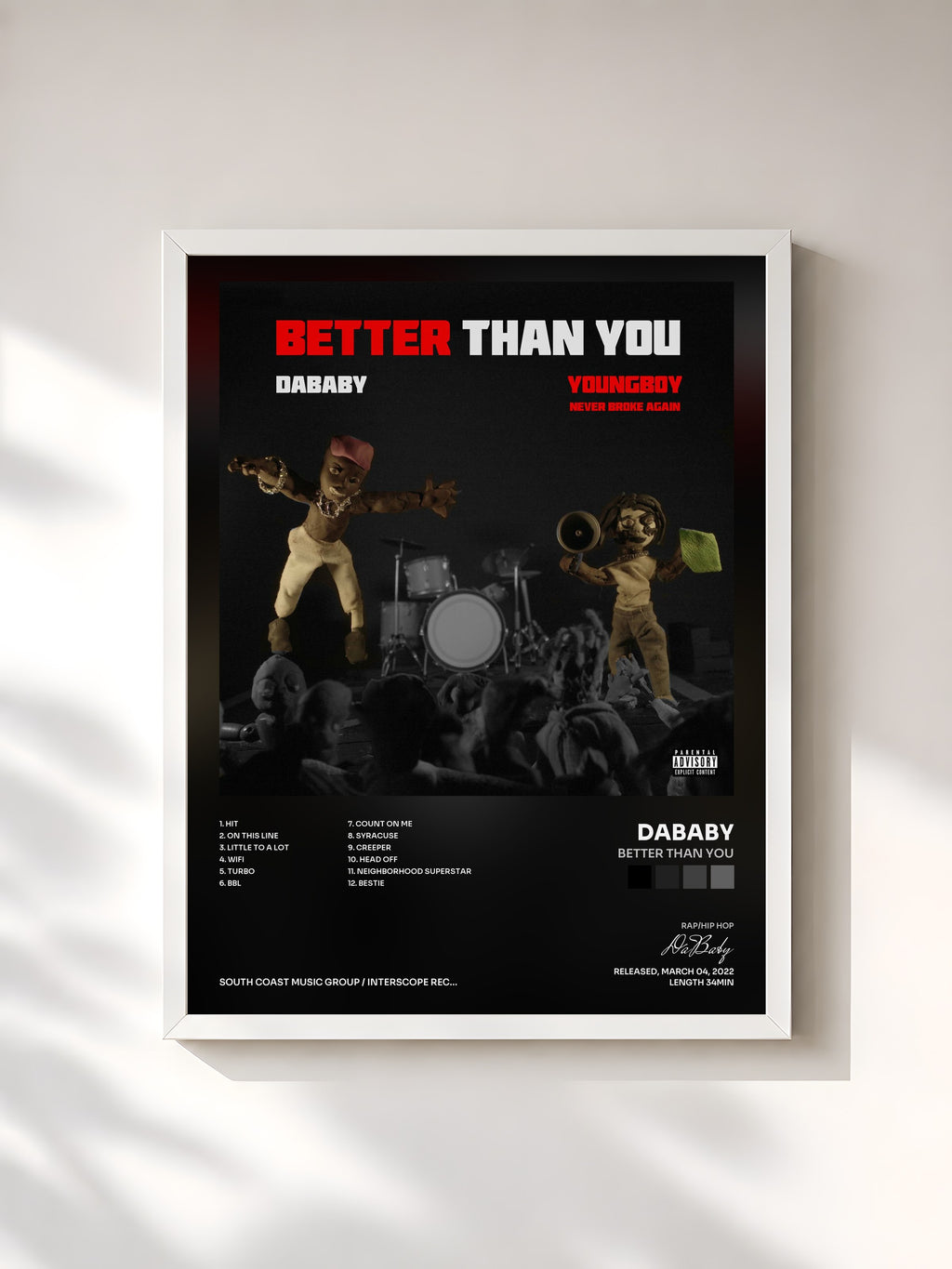 #blanc Tableau de l'album BETTER THAN YOU de DaBaby, cadre blanc, imprimé et encadré en France