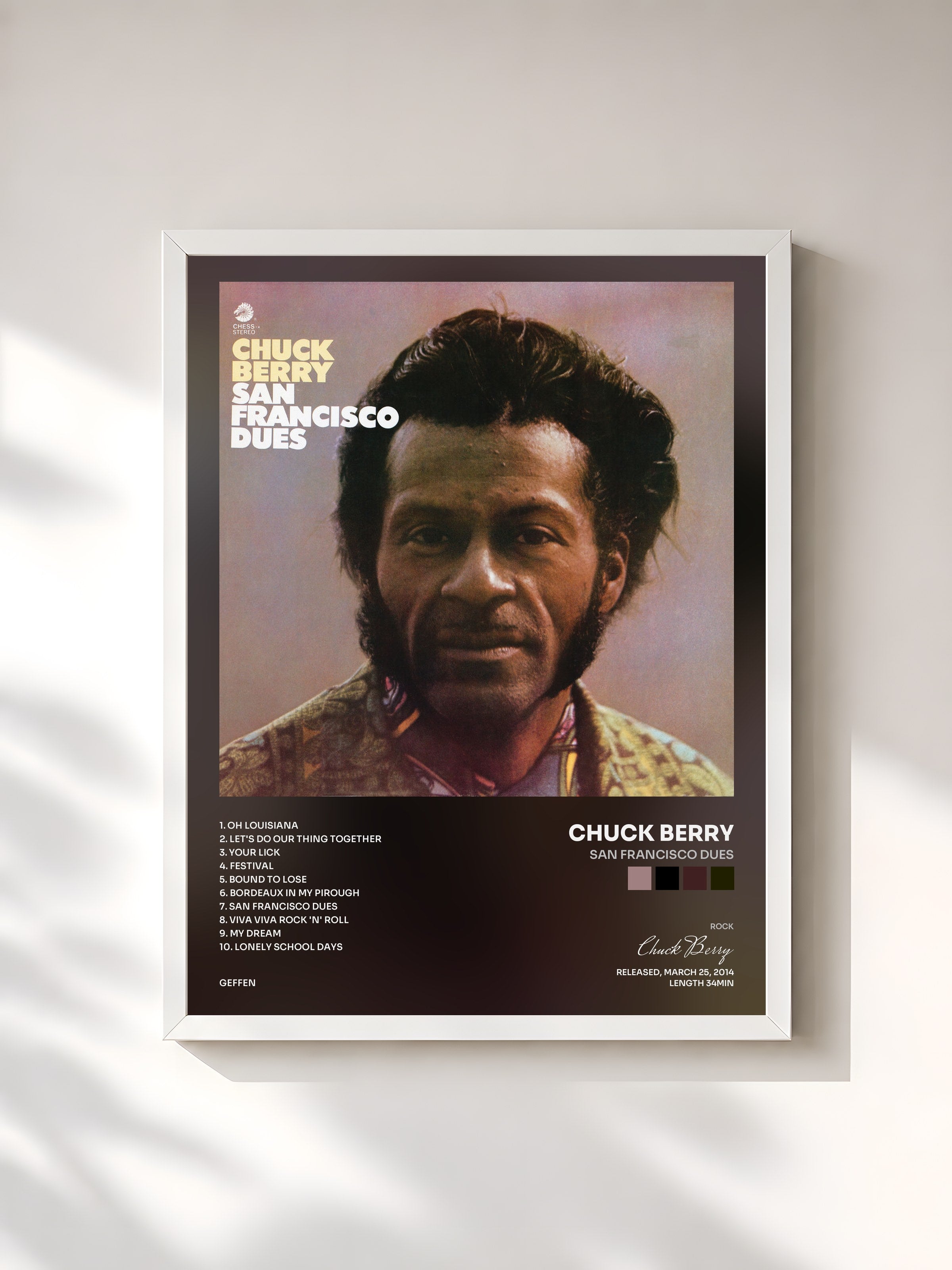 #blanc Tableau de l'album San Francisco Dues de Chuck Berry, cadre blanc, imprimé et encadré en France
