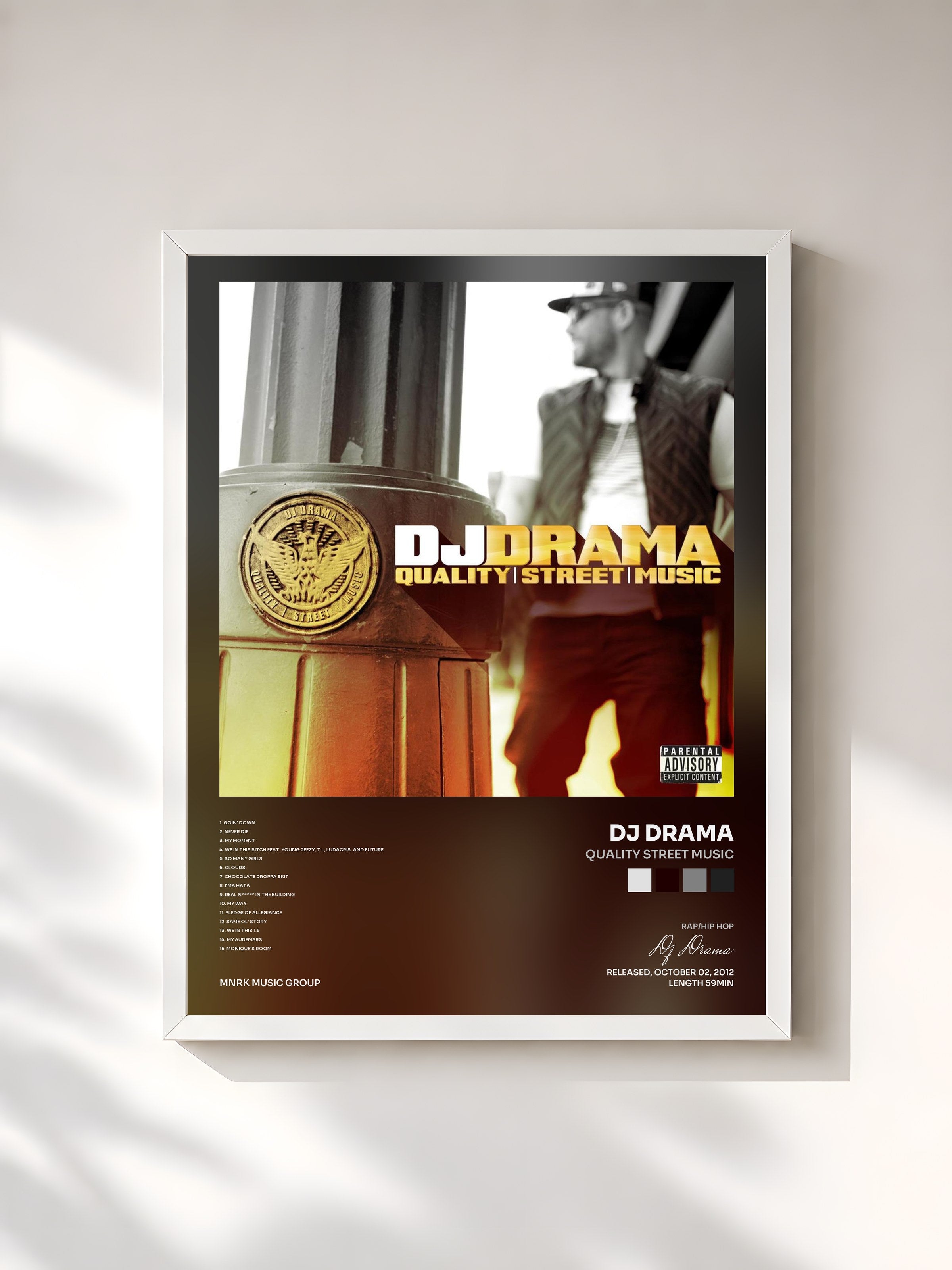 #blanc Tableau de l'album Quality Street Music de Dj Drama, cadre blanc, imprimé et encadré en France