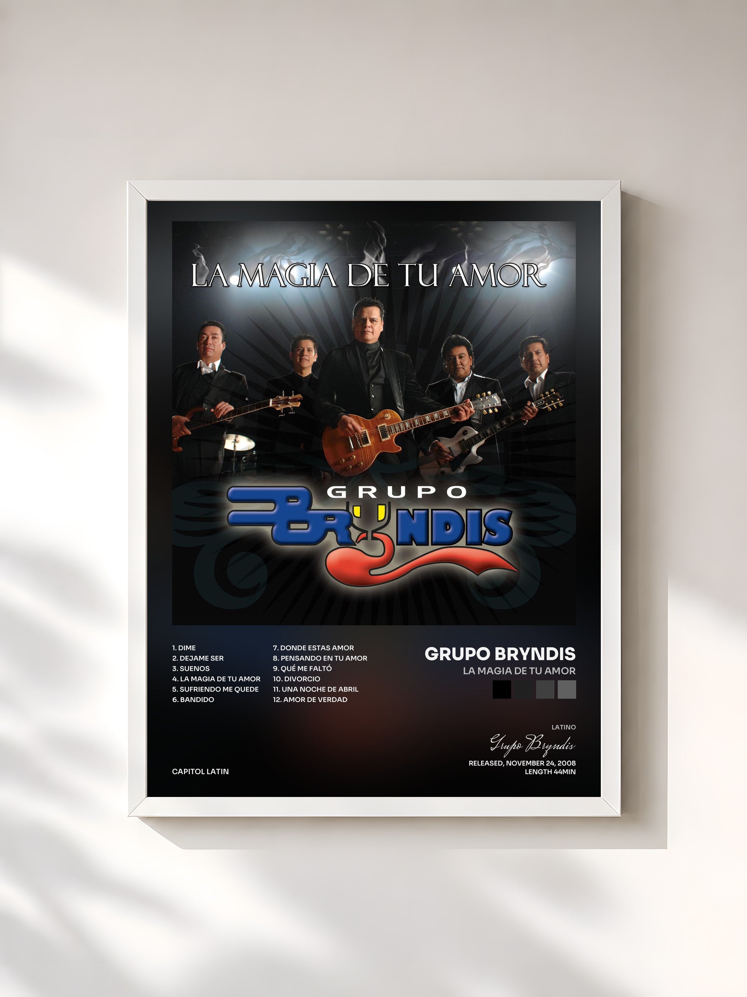 #blanc Tableau de l'album La Magia De Tu Amor de Grupo Bryndis, cadre blanc, imprimé et encadré en France