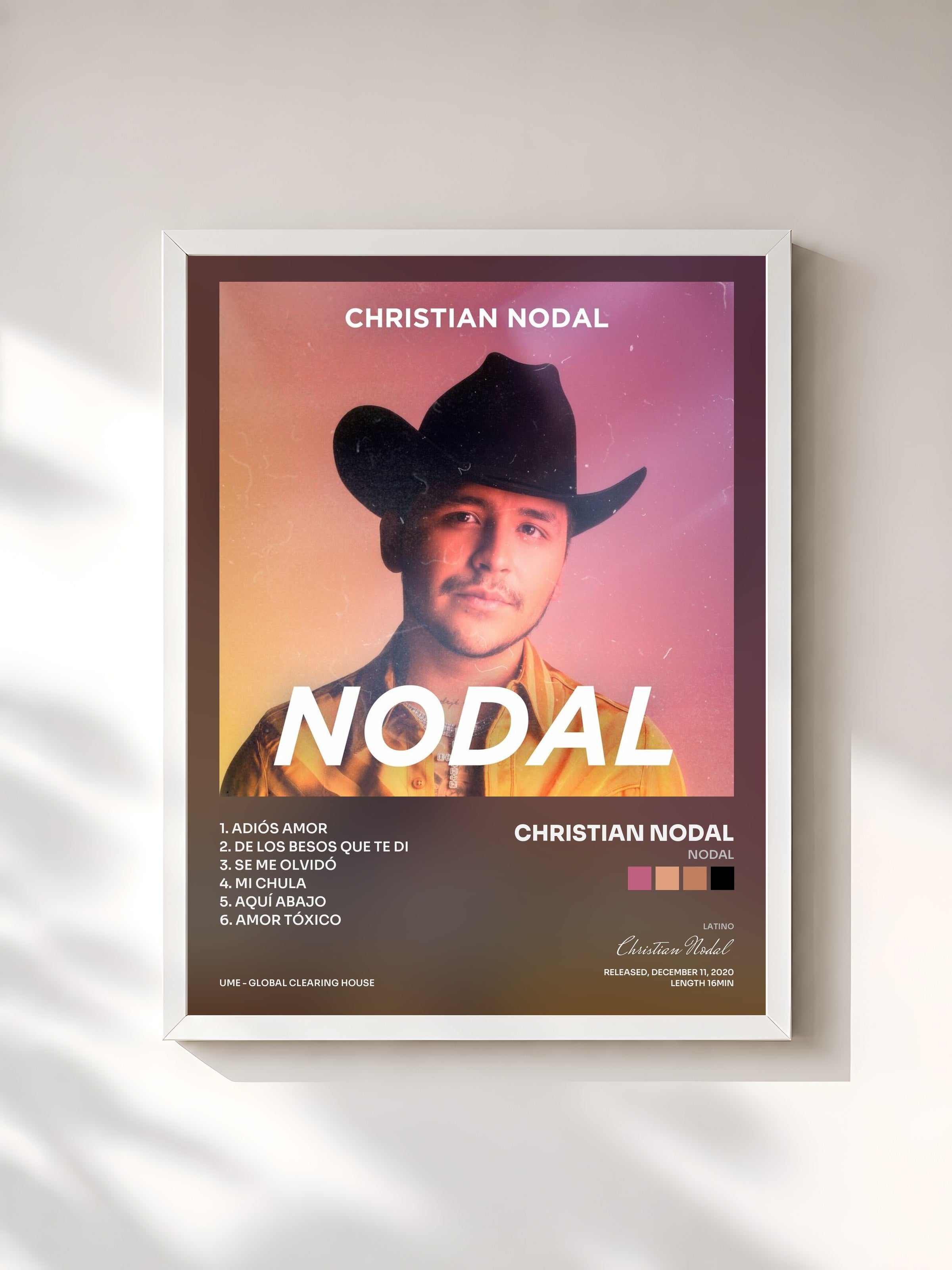 #blanc Tableau de l'album Nodal de Christian Nodal, cadre blanc, imprimé et encadré en France