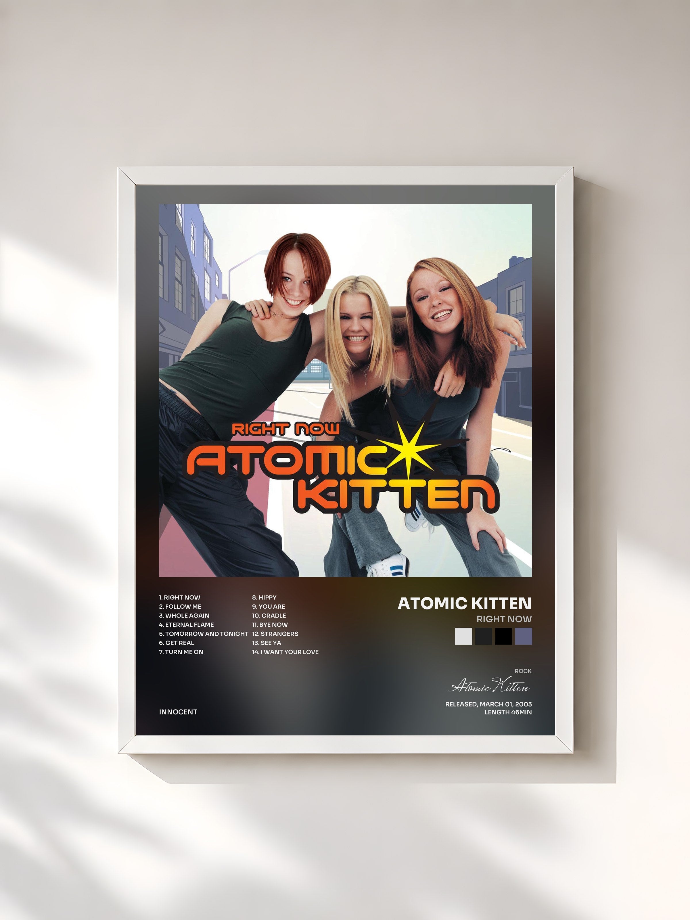 #blanc Tableau de l'album Right Now de Atomic Kitten, cadre blanc, imprimé et encadré en France