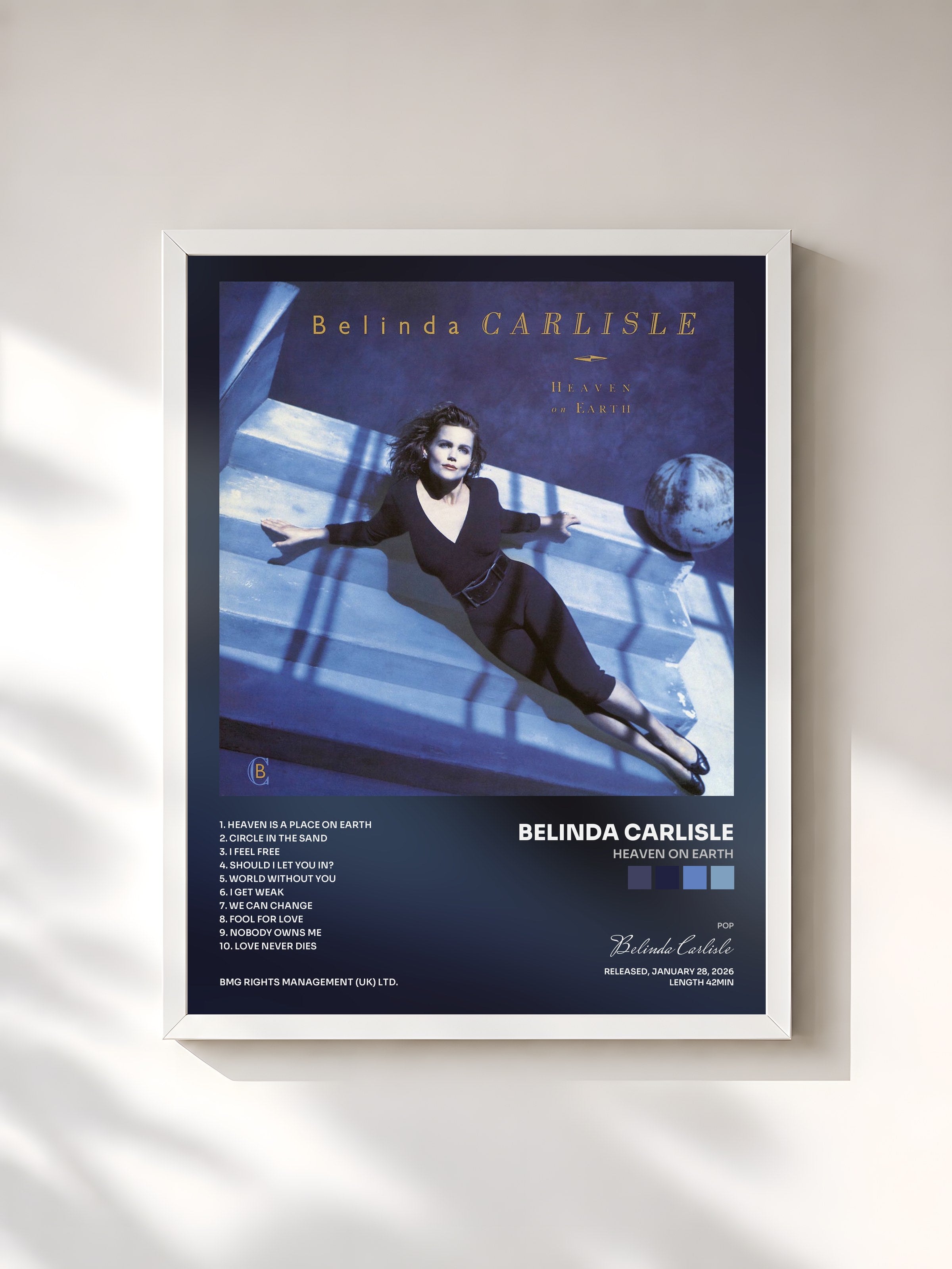 #blanc Tableau de l'album Heaven on Earth de Belinda Carlisle, cadre blanc, imprimé et encadré en France