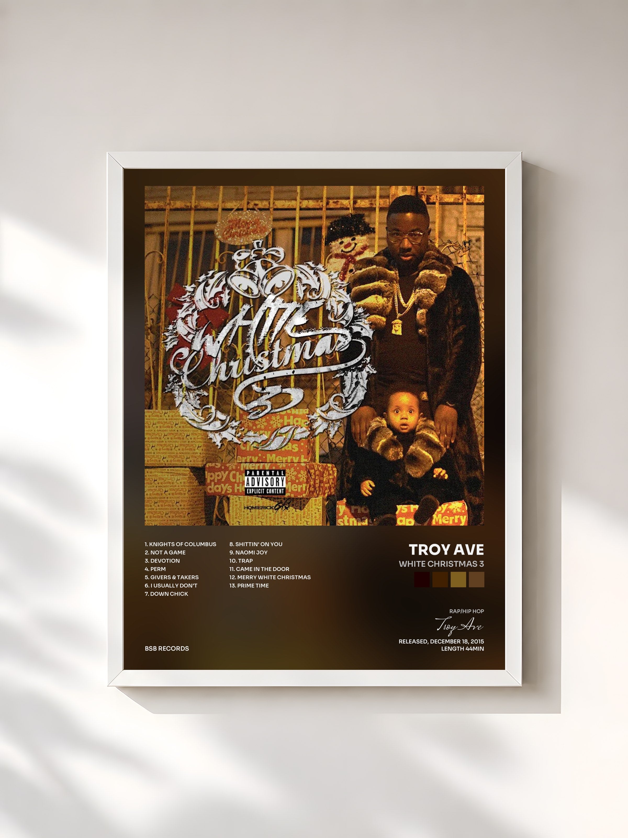 #blanc Tableau de l'album White Christmas 3 de Troy Ave, cadre blanc, imprimé et encadré en France