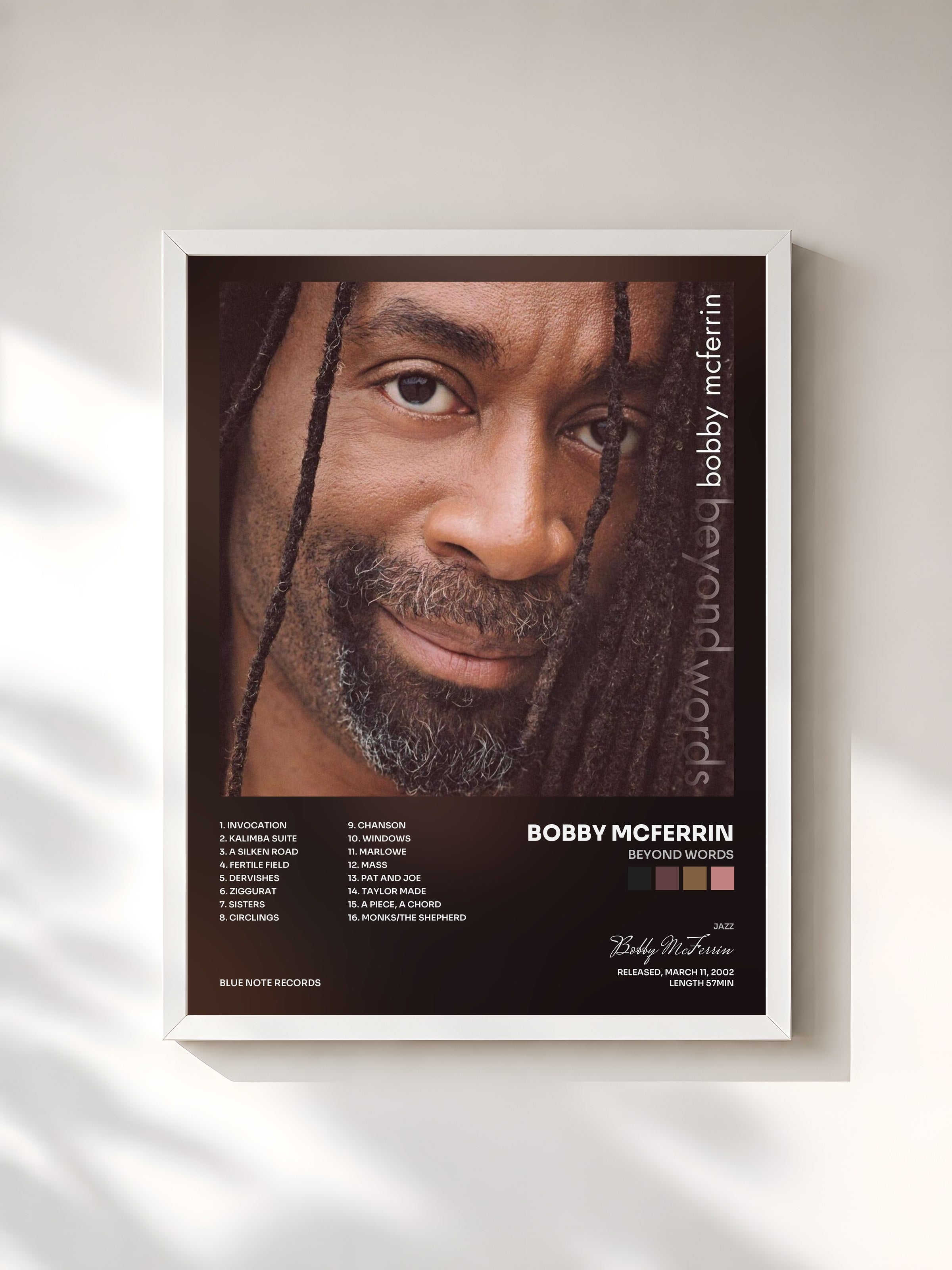 #blanc Tableau de l'album Beyond Words de Bobby McFerrin, cadre blanc, imprimé et encadré en France
