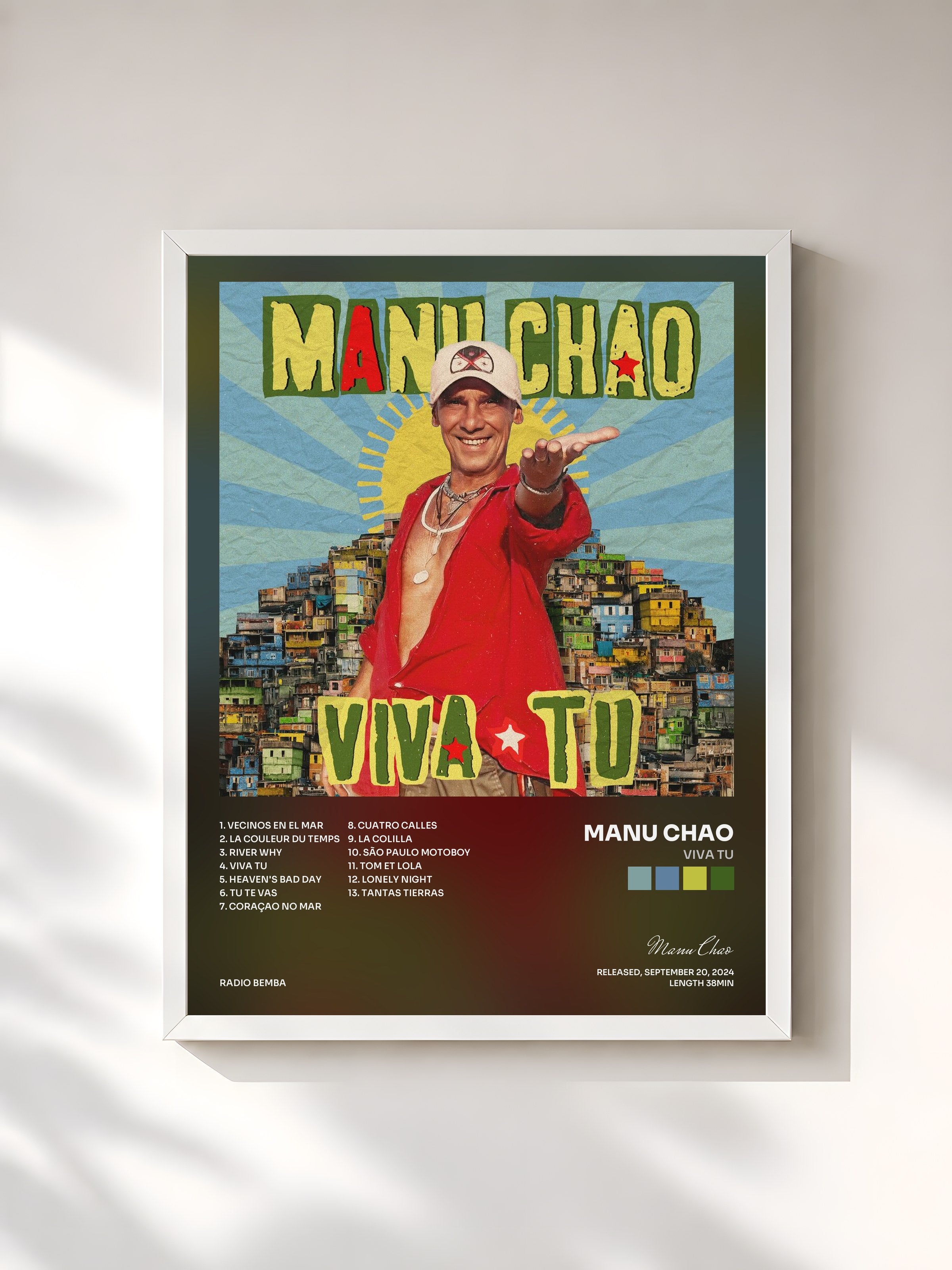 #blanc Tableau de l'album Viva Tu de Manu Chao, cadre blanc, imprimé et encadré en France