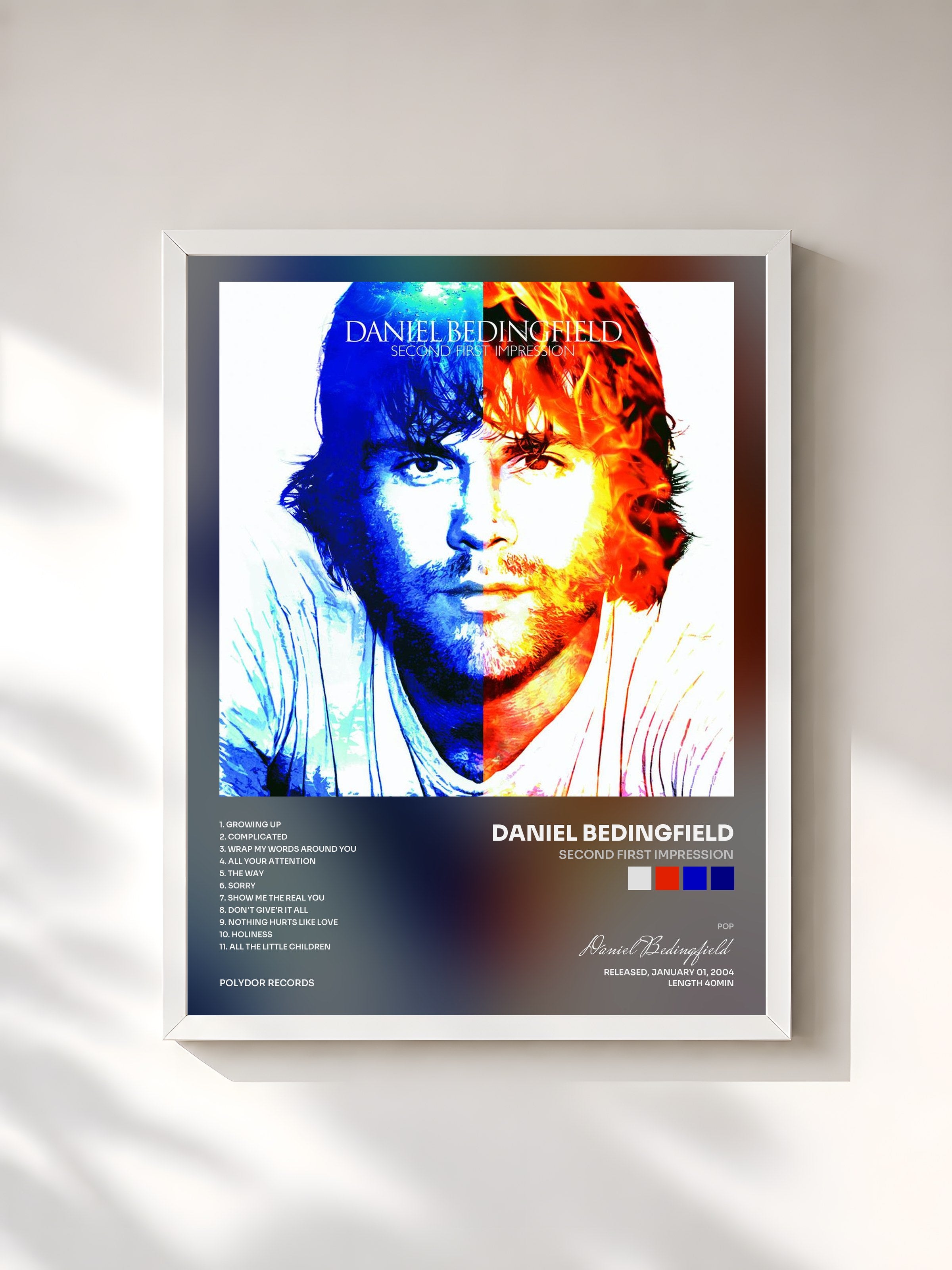 #blanc Tableau de l'album Second First Impression de Daniel Bedingfield, cadre blanc, imprimé et encadré en France