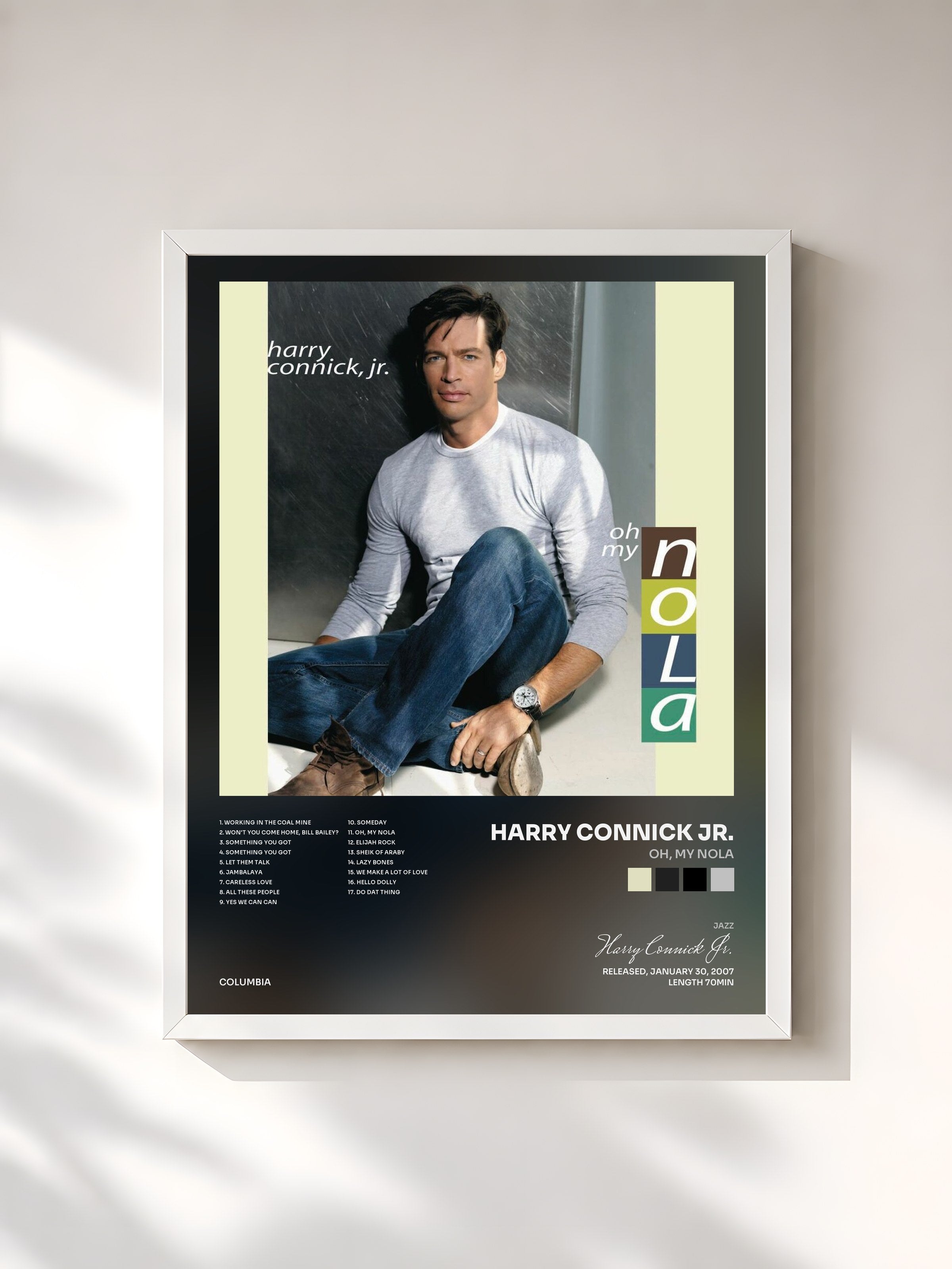 #blanc Tableau de l'album Oh, My NOLA de Harry Connick Jr., cadre blanc, imprimé et encadré en France