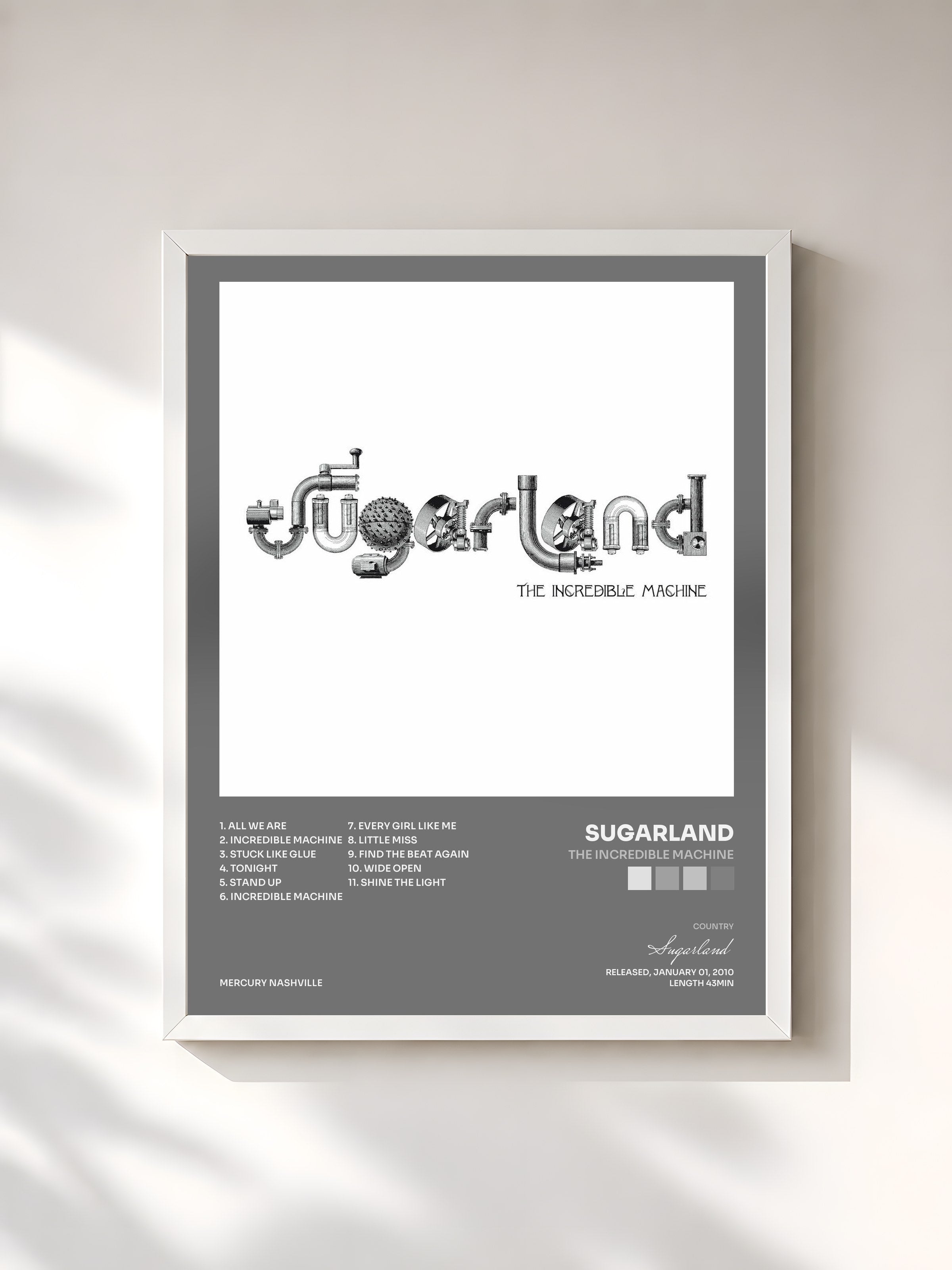 #blanc Tableau de l'album The Incredible Machine de Sugarland, cadre blanc, imprimé et encadré en France