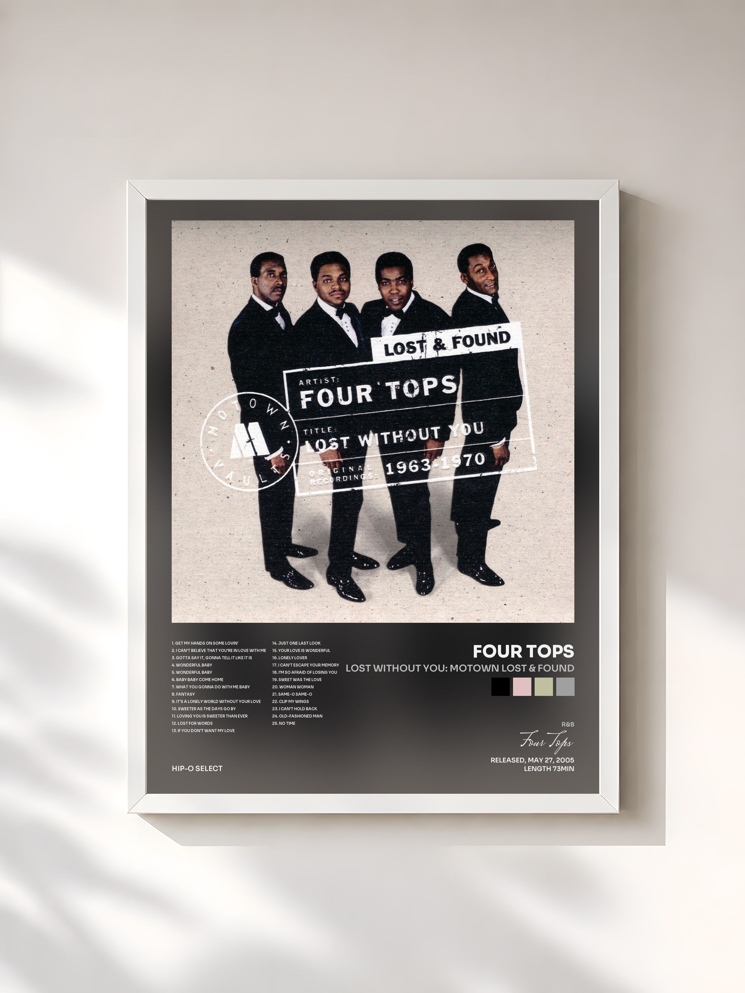 #blanc Tableau de l'album Lost Without You: Motown Lost & Found de Four Tops, cadre blanc, imprimé et encadré en France