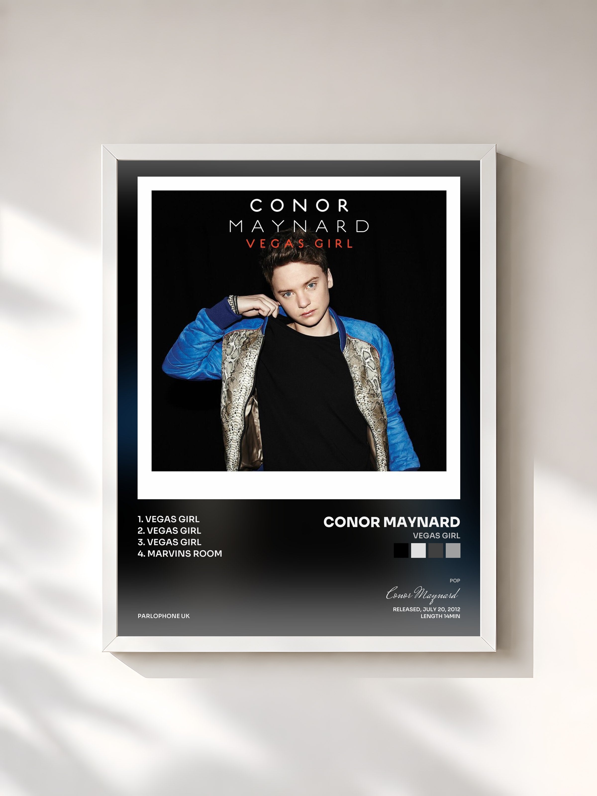 #blanc Tableau de l'album Vegas Girl de Conor Maynard, cadre blanc, imprimé et encadré en France