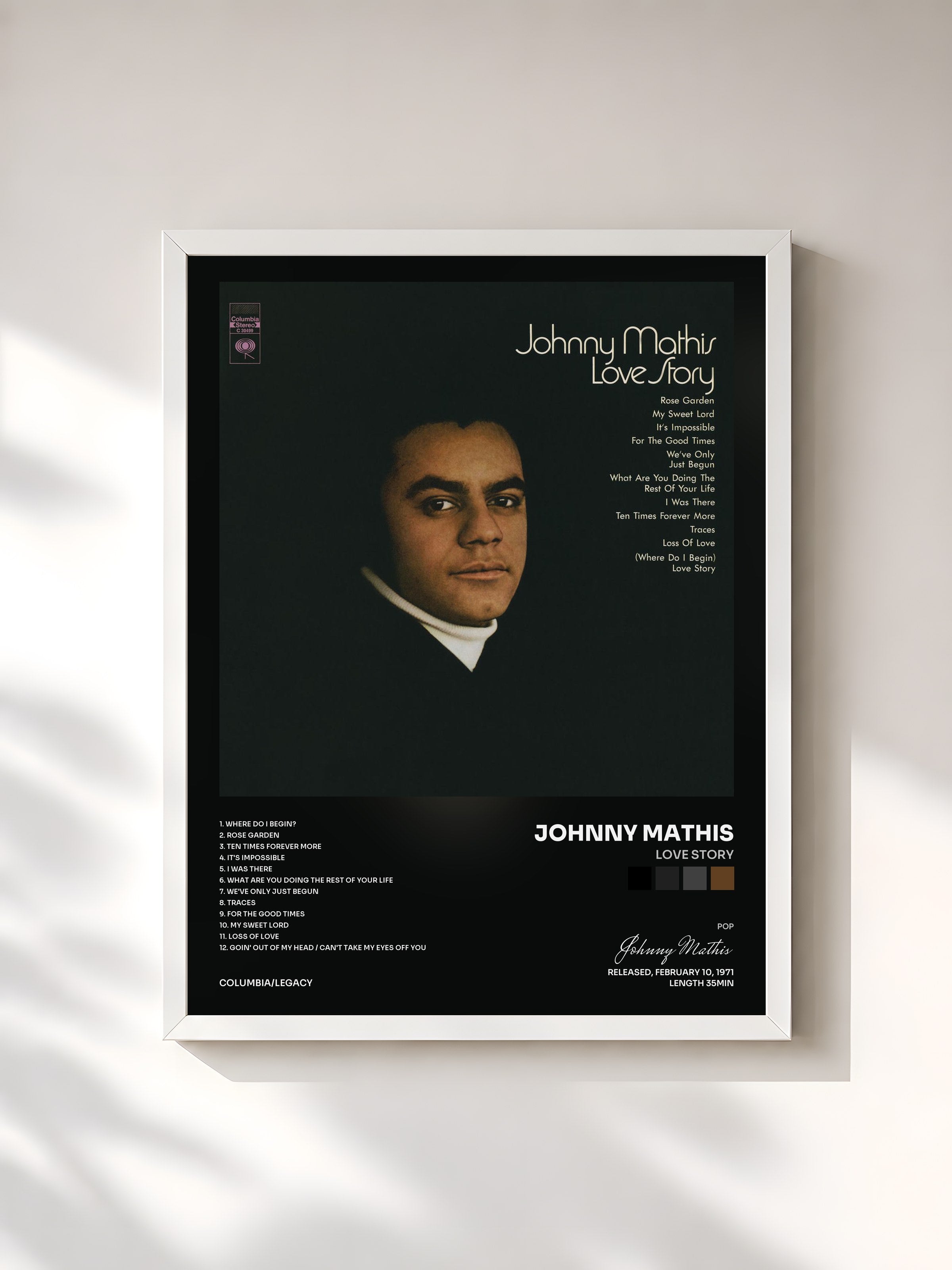 #blanc Tableau de l'album Love Story de Johnny Mathis, cadre blanc, imprimé et encadré en France