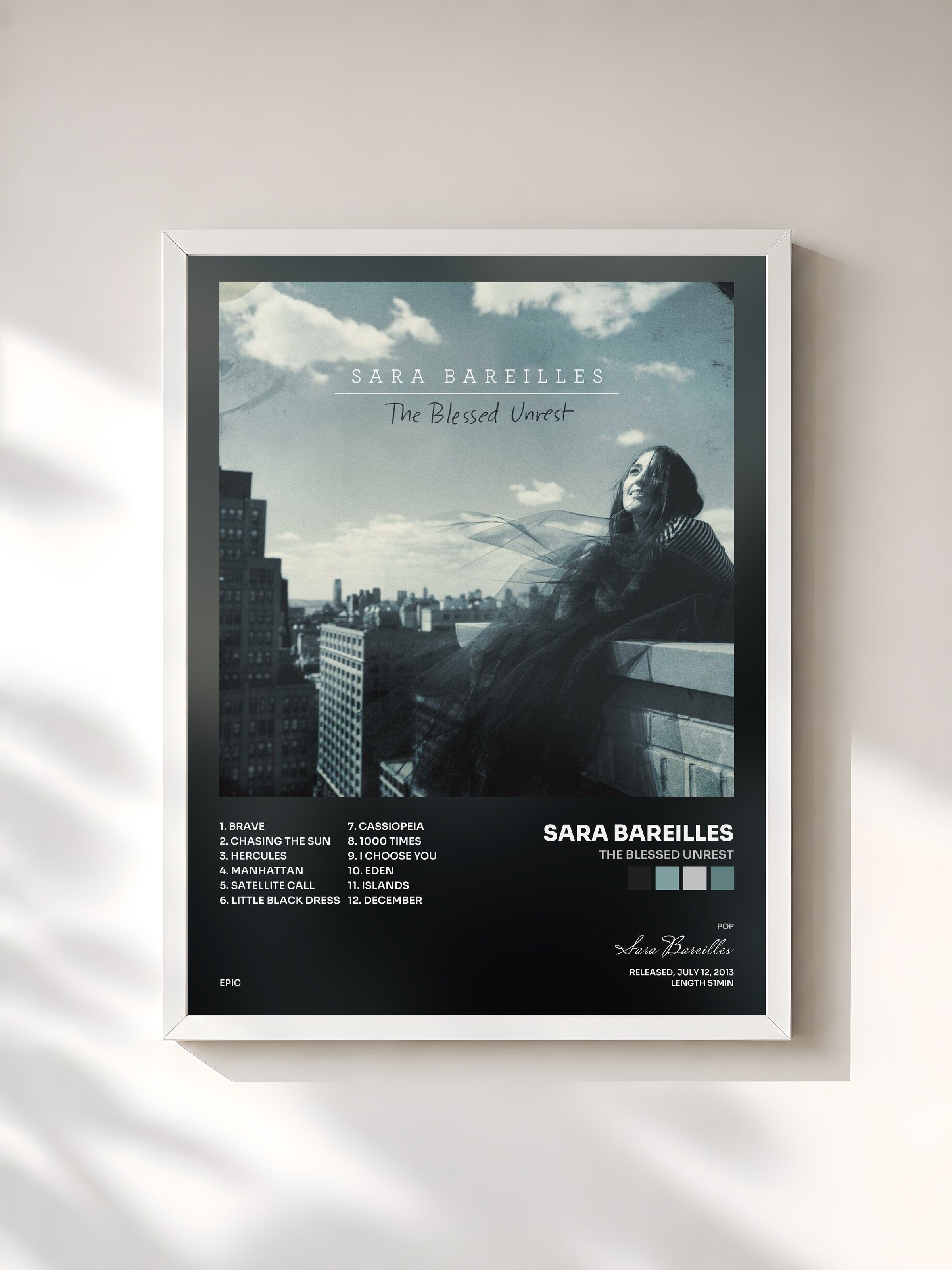 #blanc Tableau de l'album The Blessed Unrest de Sara Bareilles, cadre blanc, imprimé et encadré en France
