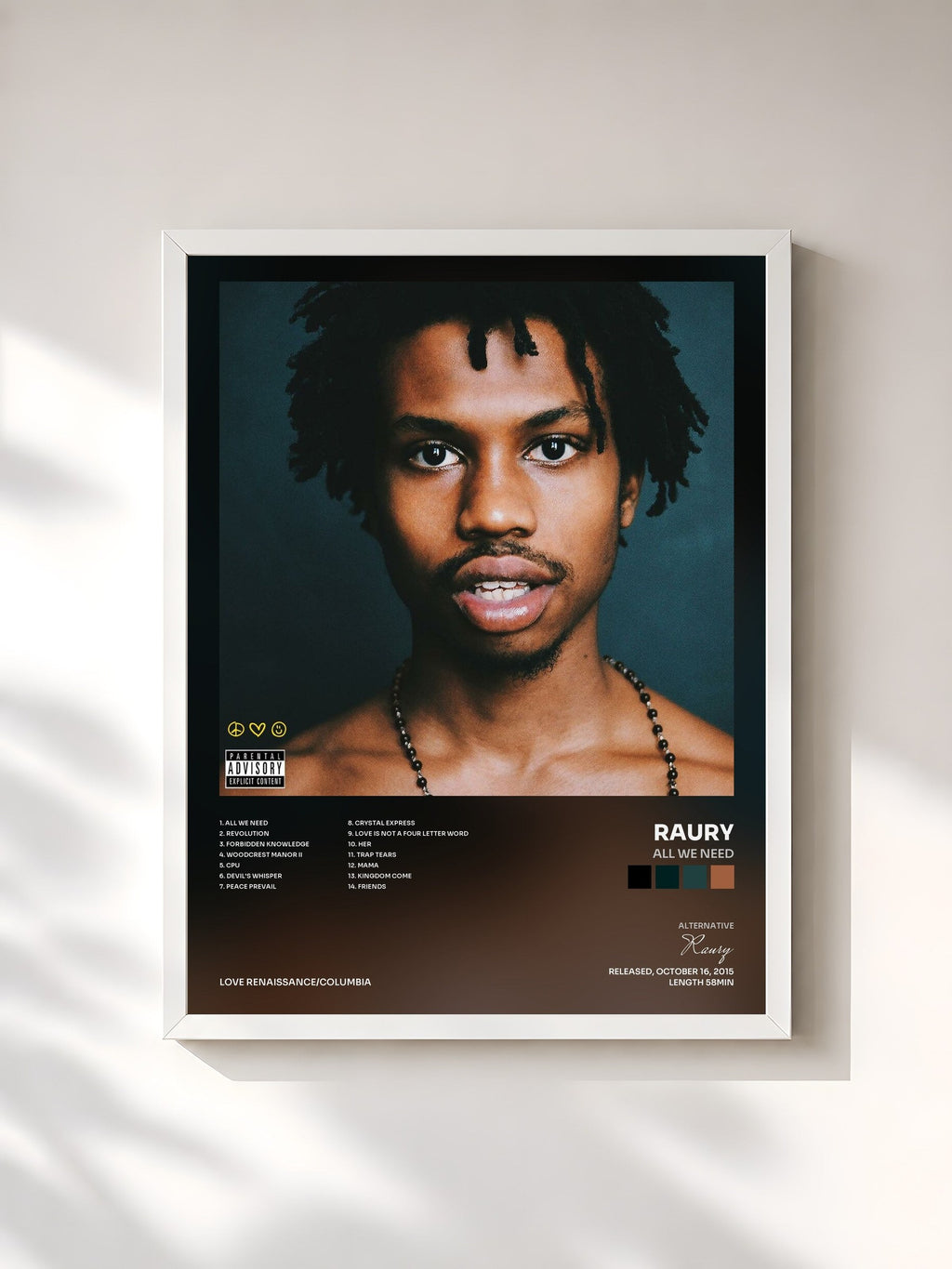 #blanc Tableau de l'album All We Need de Raury, cadre blanc, imprimé et encadré en France