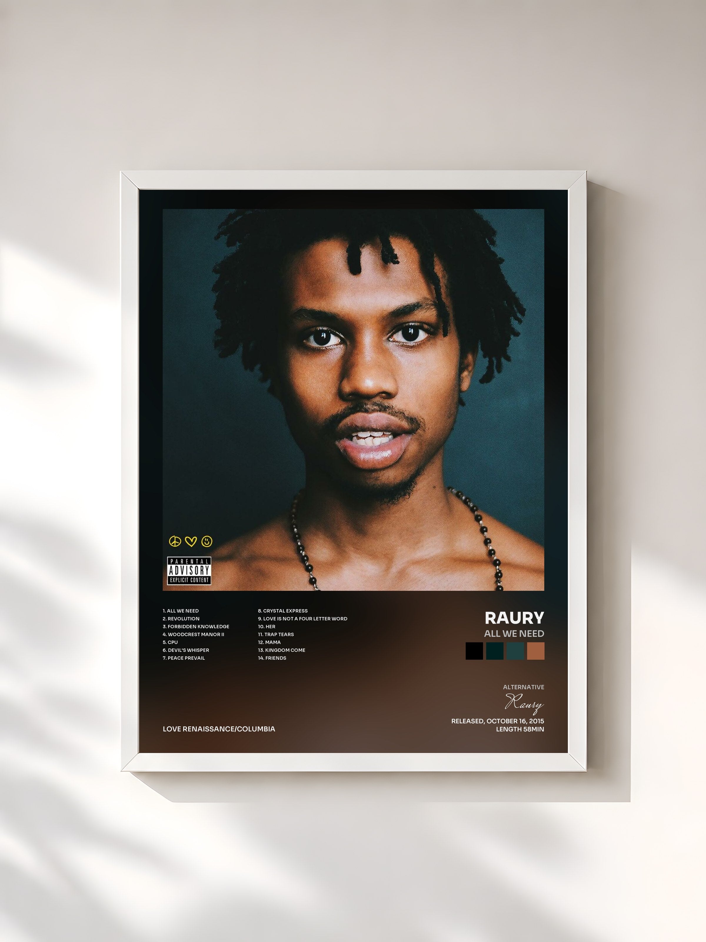 #blanc Tableau de l'album All We Need de Raury, cadre blanc, imprimé et encadré en France