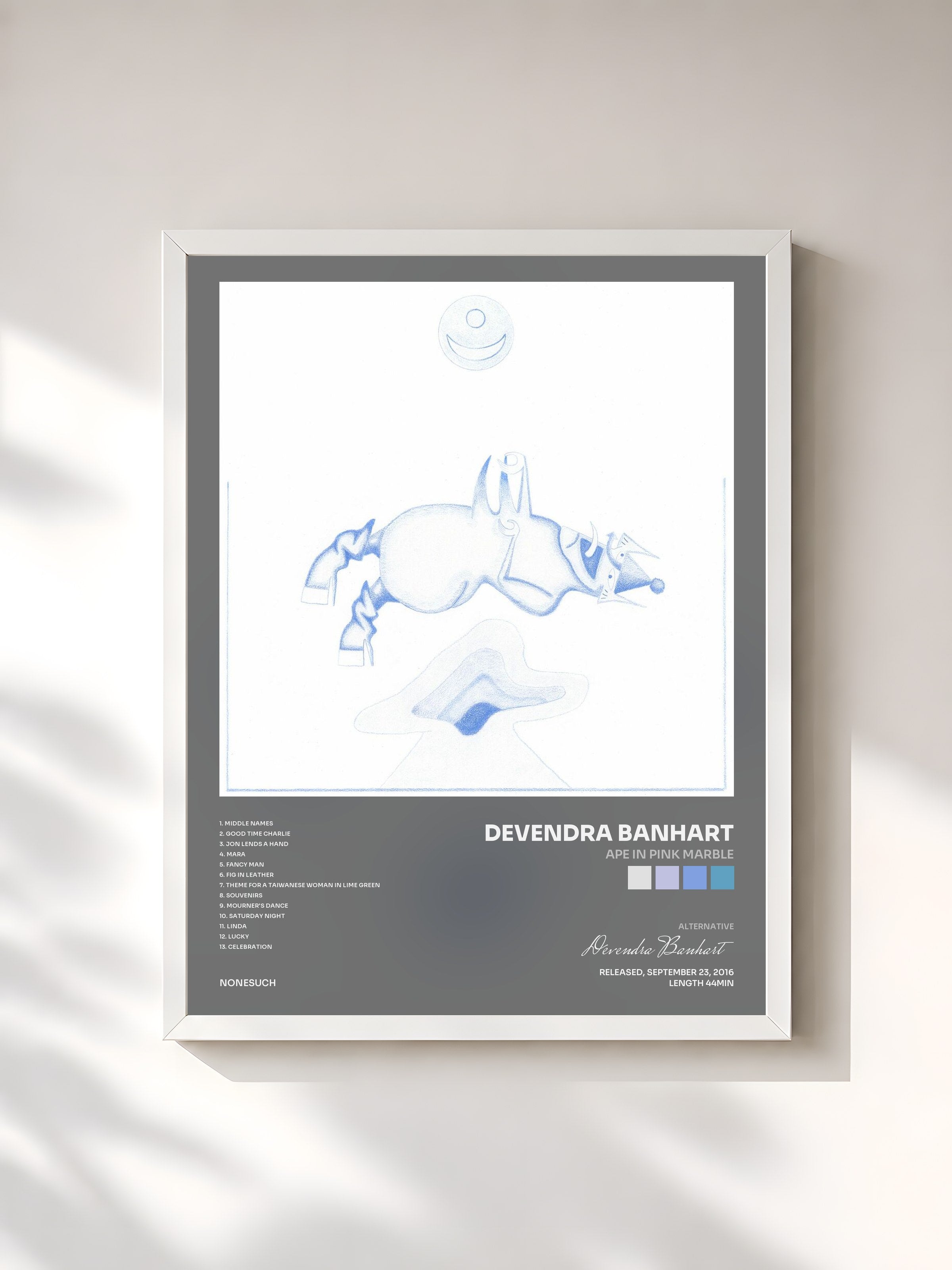 #blanc Tableau de l'album Ape in Pink Marble de Devendra Banhart, cadre blanc, imprimé et encadré en France