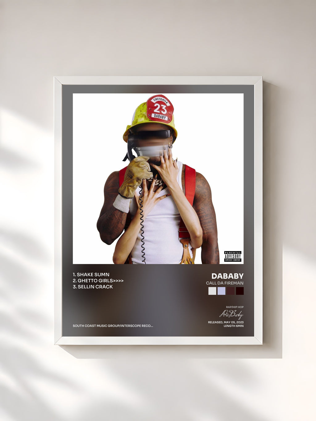 #blanc Tableau de l'album CALL DA FIREMAN de DaBaby, cadre blanc, imprimé et encadré en France