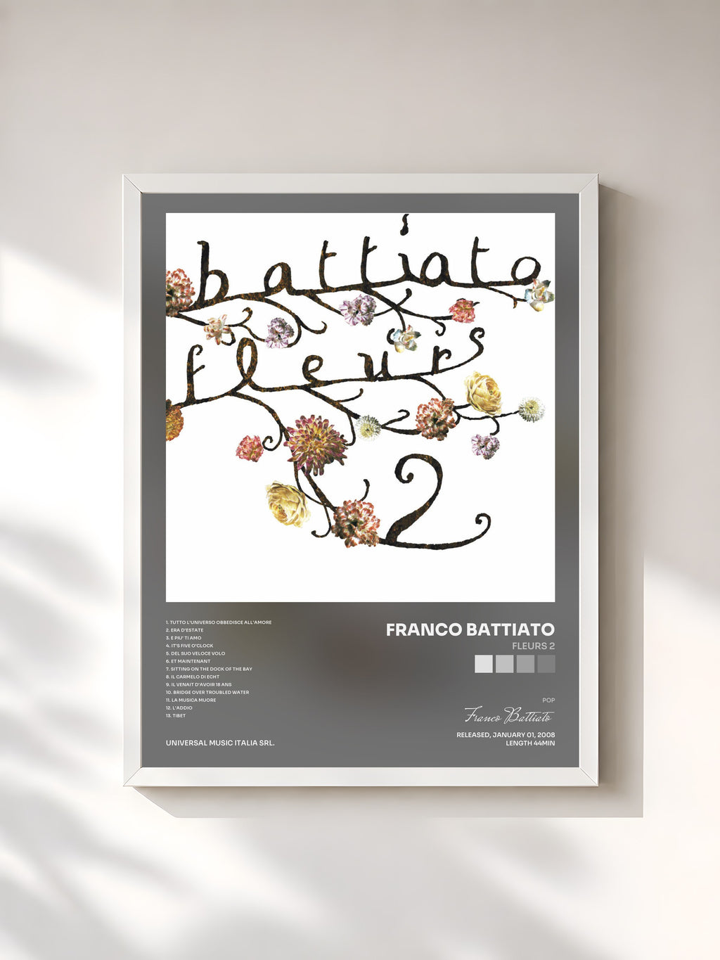 #blanc Tableau de l'album Fleurs 2 de Franco Battiato, cadre blanc, imprimé et encadré en France