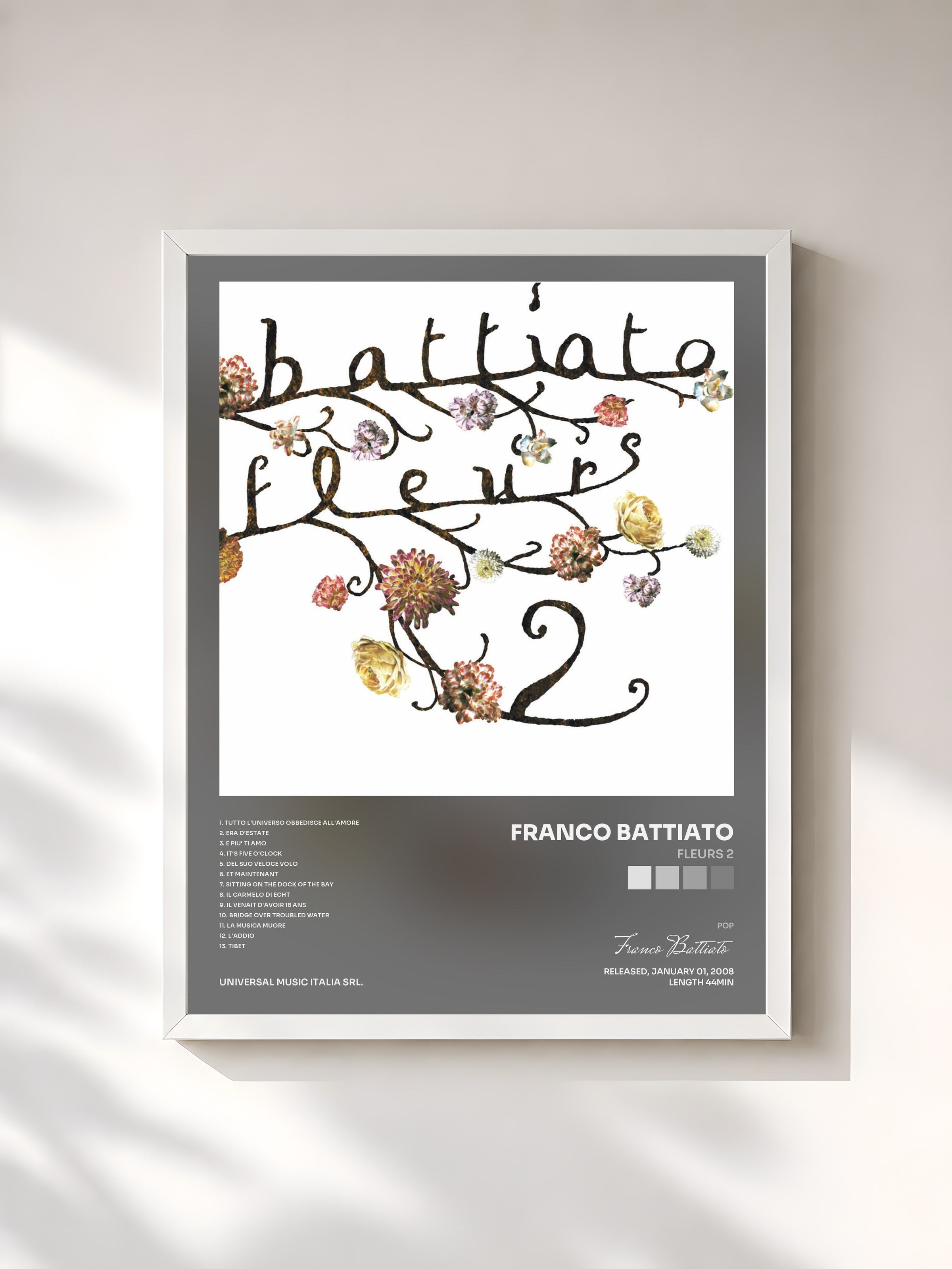 #blanc Tableau de l'album Fleurs 2 de Franco Battiato, cadre blanc, imprimé et encadré en France