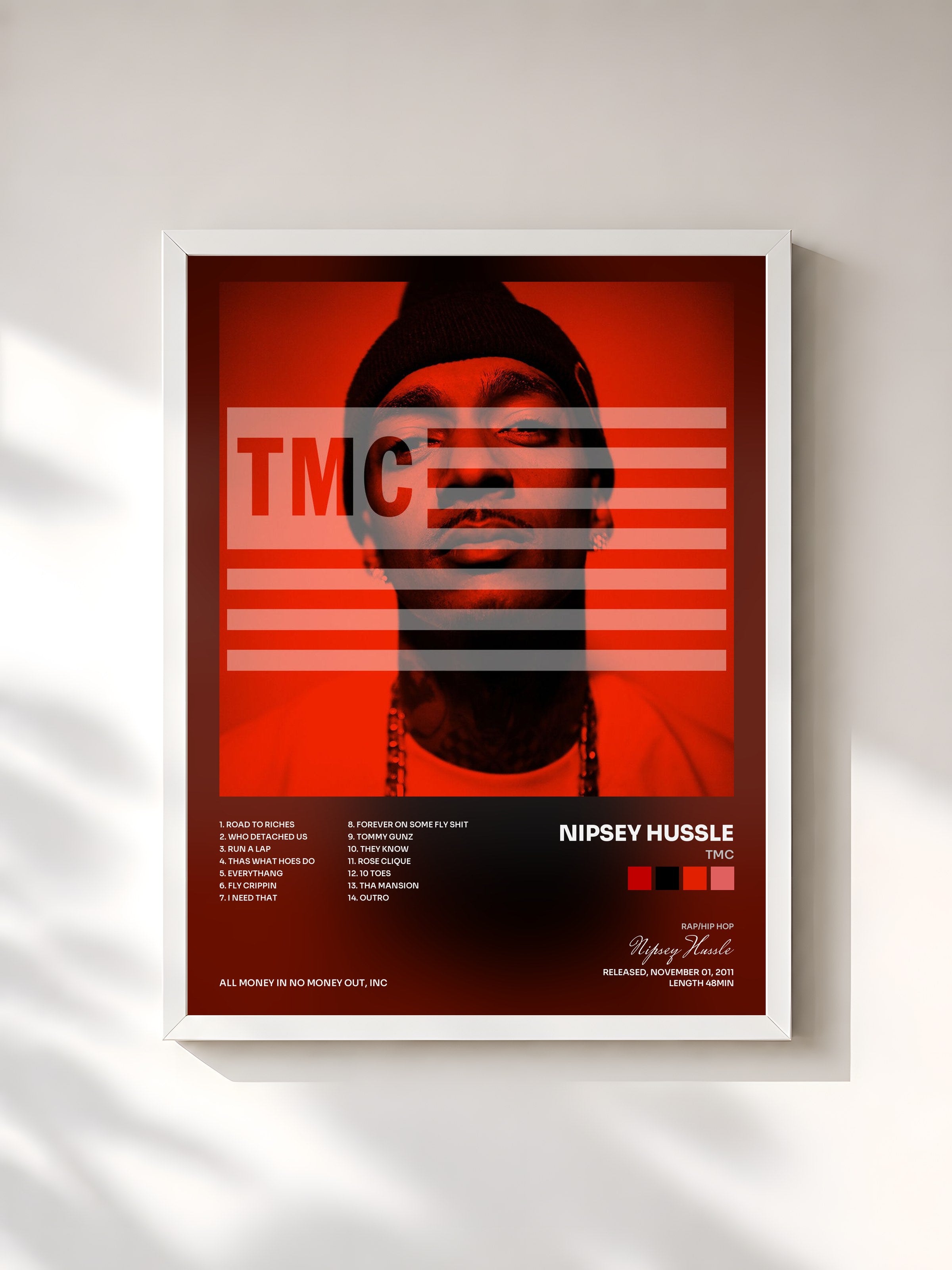 #blanc Tableau de l'album TMC de Nipsey Hussle, cadre blanc, imprimé et encadré en France