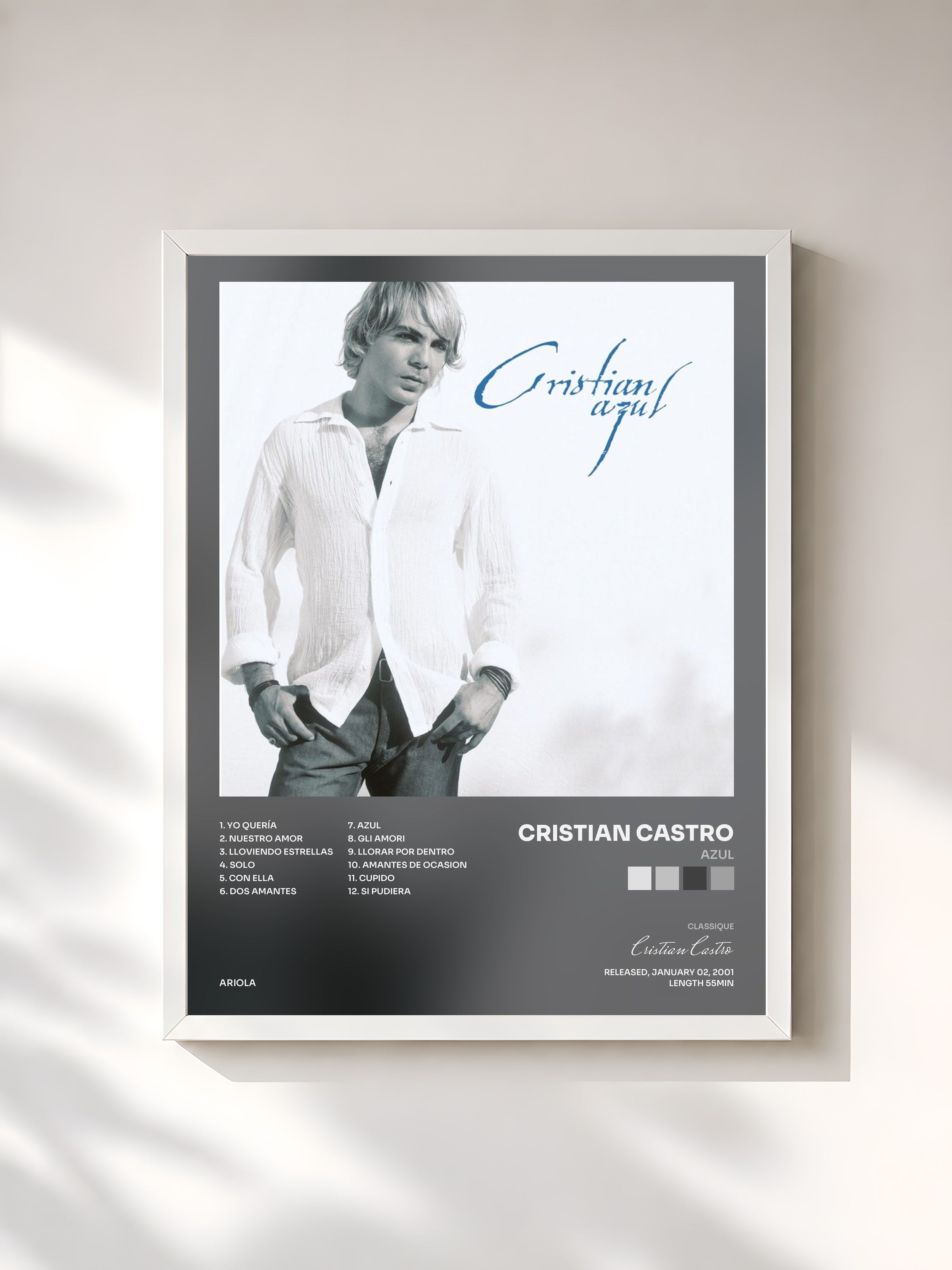 #blanc Tableau de l'album Azul de Cristian Castro, cadre blanc, imprimé et encadré en France