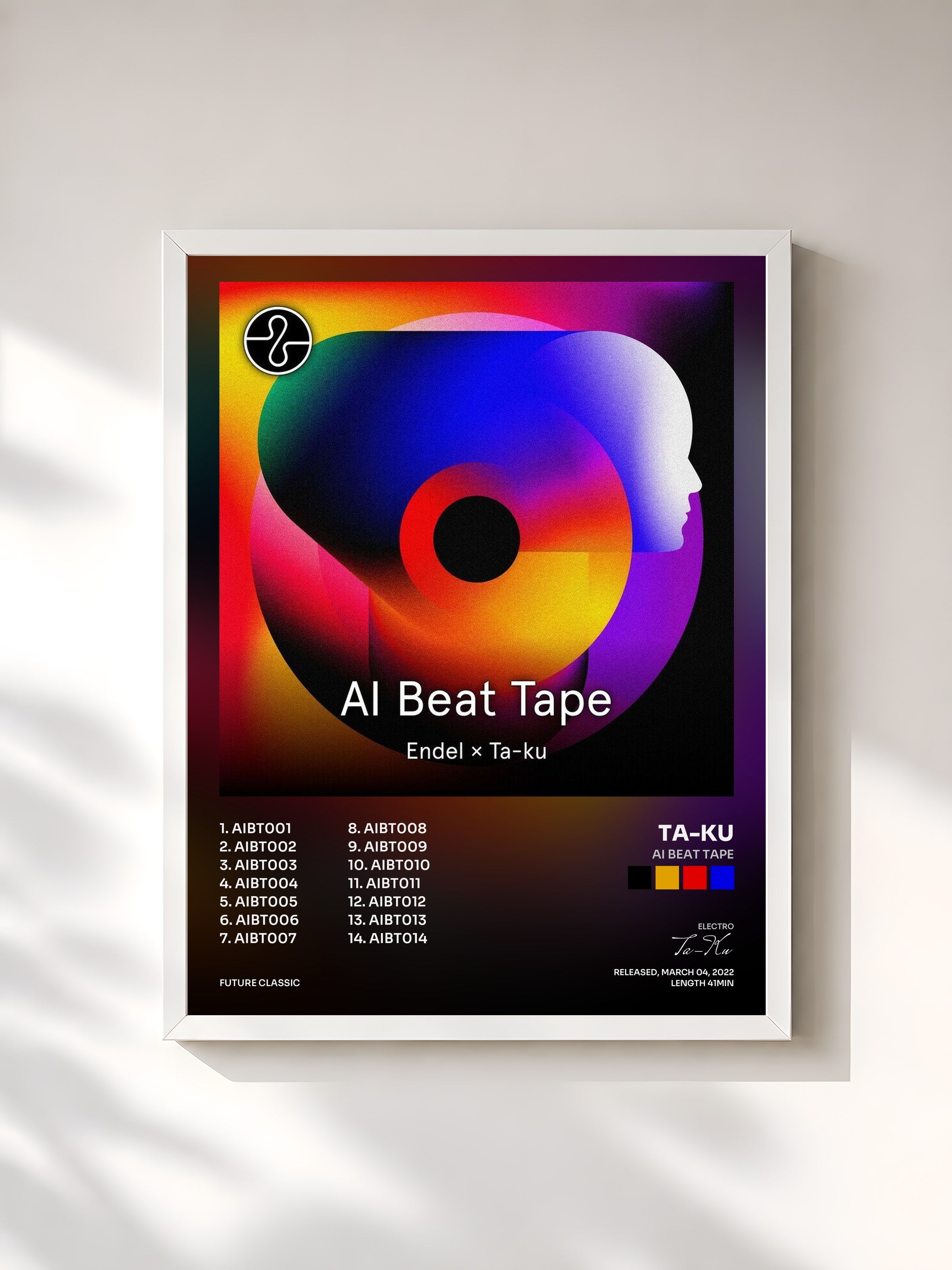 #blanc Tableau de l'album AI Beat Tape de Ta-Ku, cadre blanc, imprimé et encadré en France