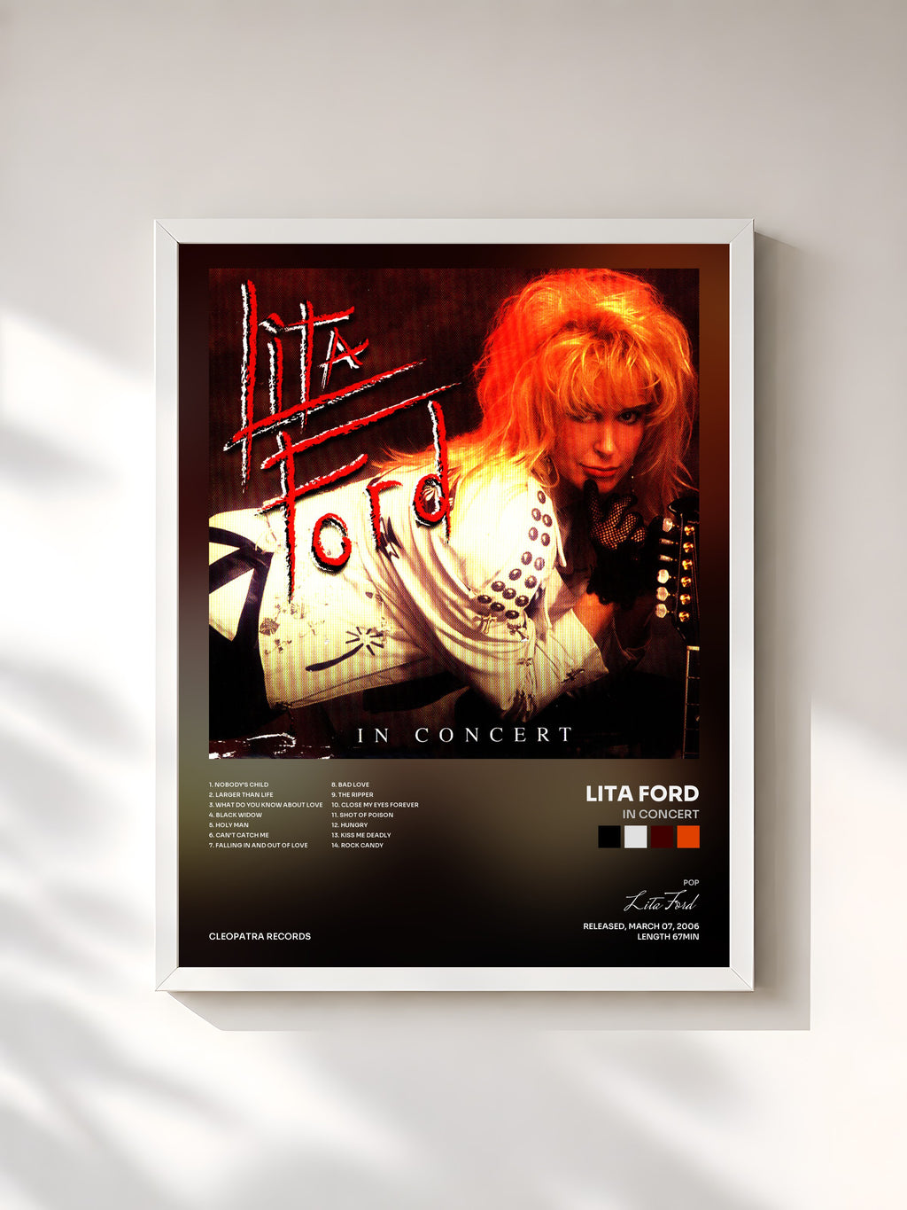 #blanc Tableau de l'album In Concert de Lita Ford, cadre blanc, imprimé et encadré en France