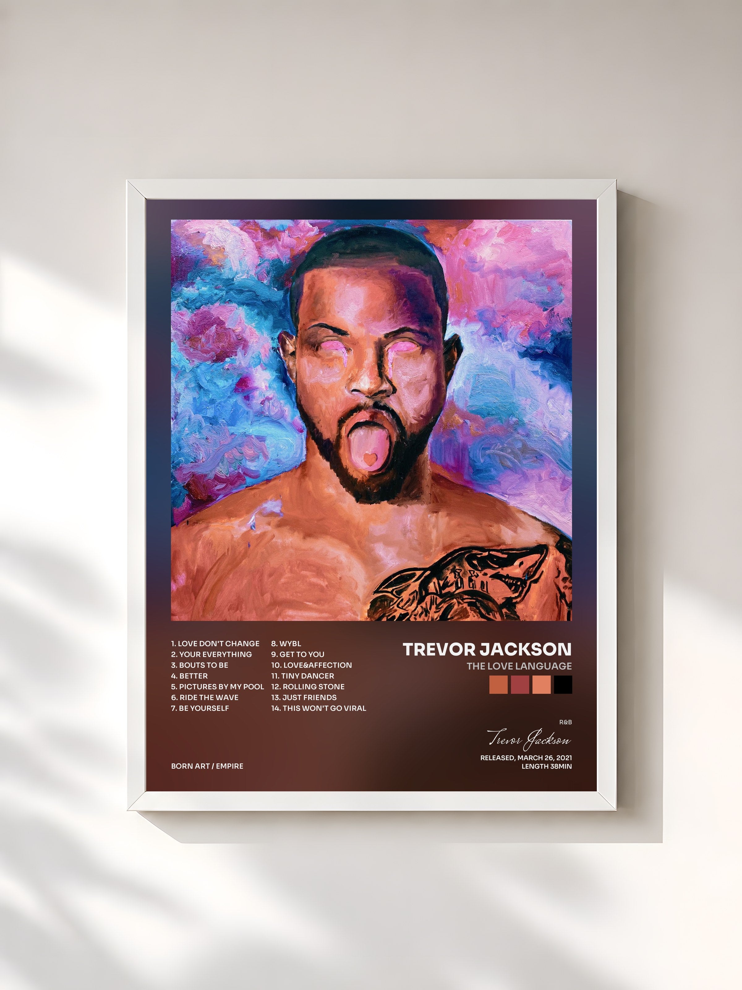 #blanc Tableau de l'album The Love Language de Trevor Jackson, cadre blanc, imprimé et encadré en France