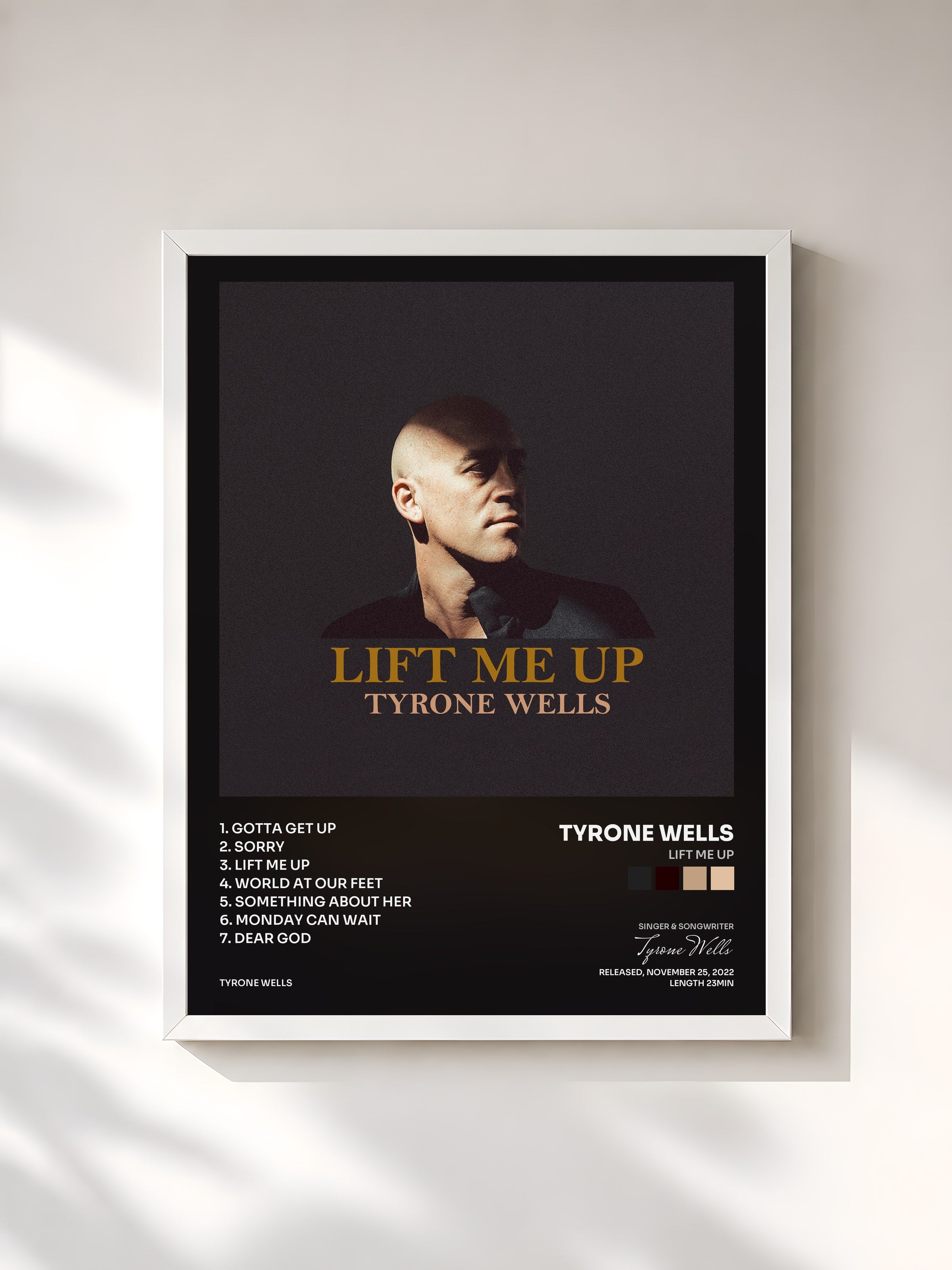 #blanc Tableau de l'album Lift Me Up de Tyrone Wells, cadre blanc, imprimé et encadré en France