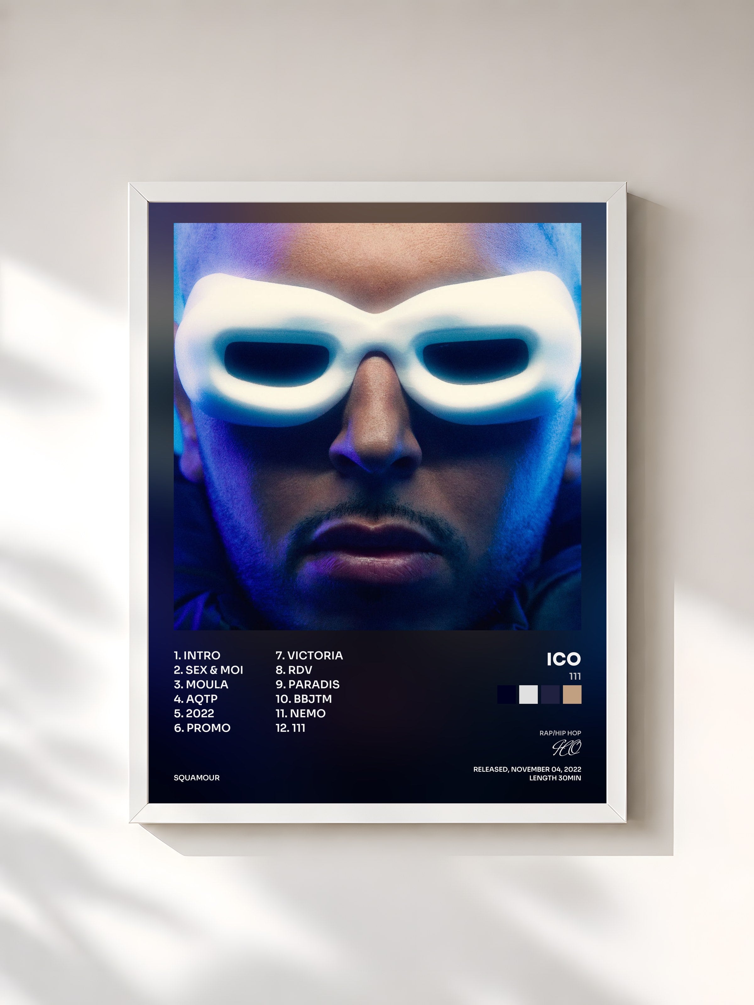 #blanc Tableau de l'album 111 de ICO, cadre blanc, imprimé et encadré en France