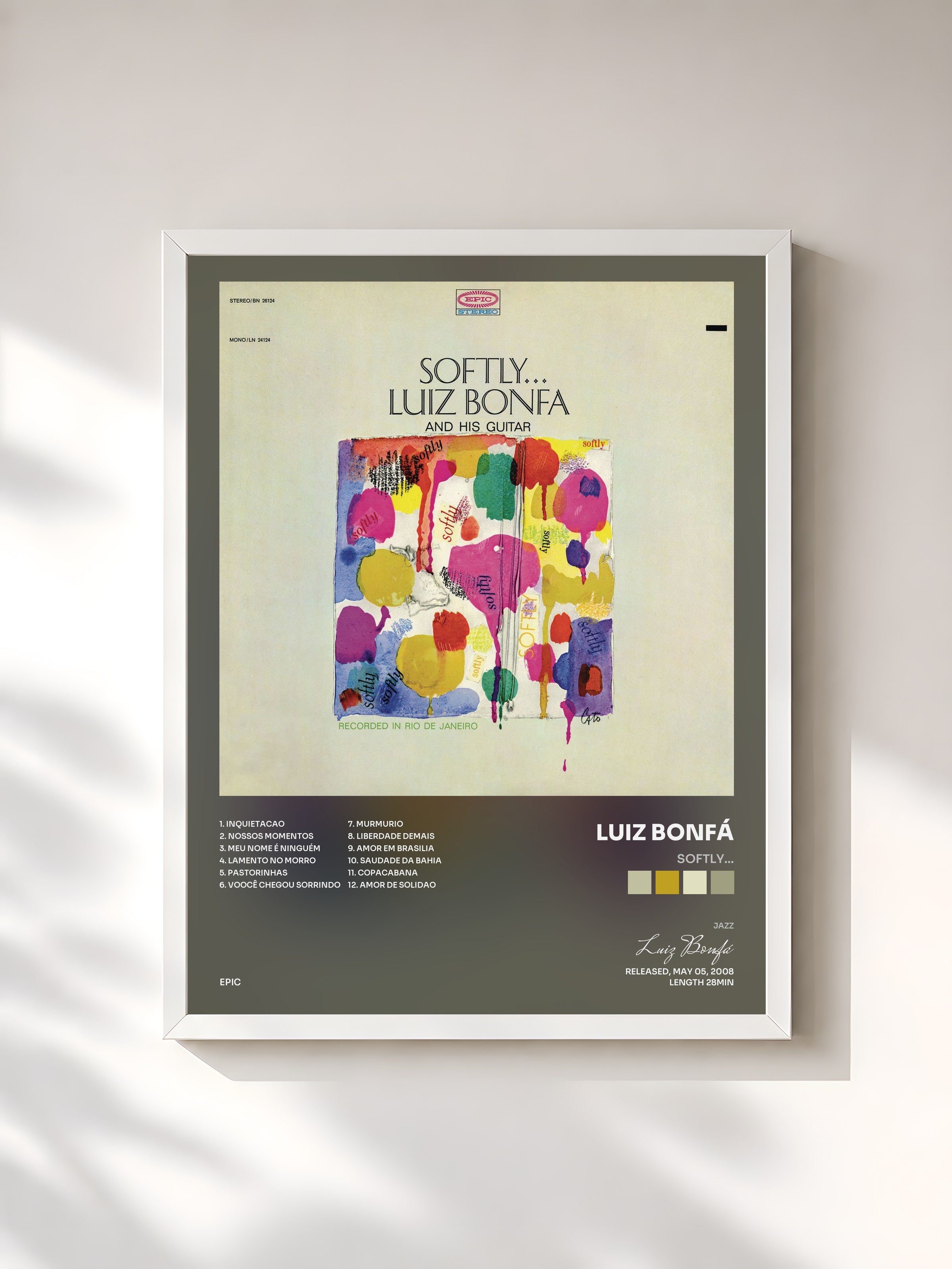 #blanc Tableau de l'album Softly... de Luiz Bonfá, cadre blanc, imprimé et encadré en France