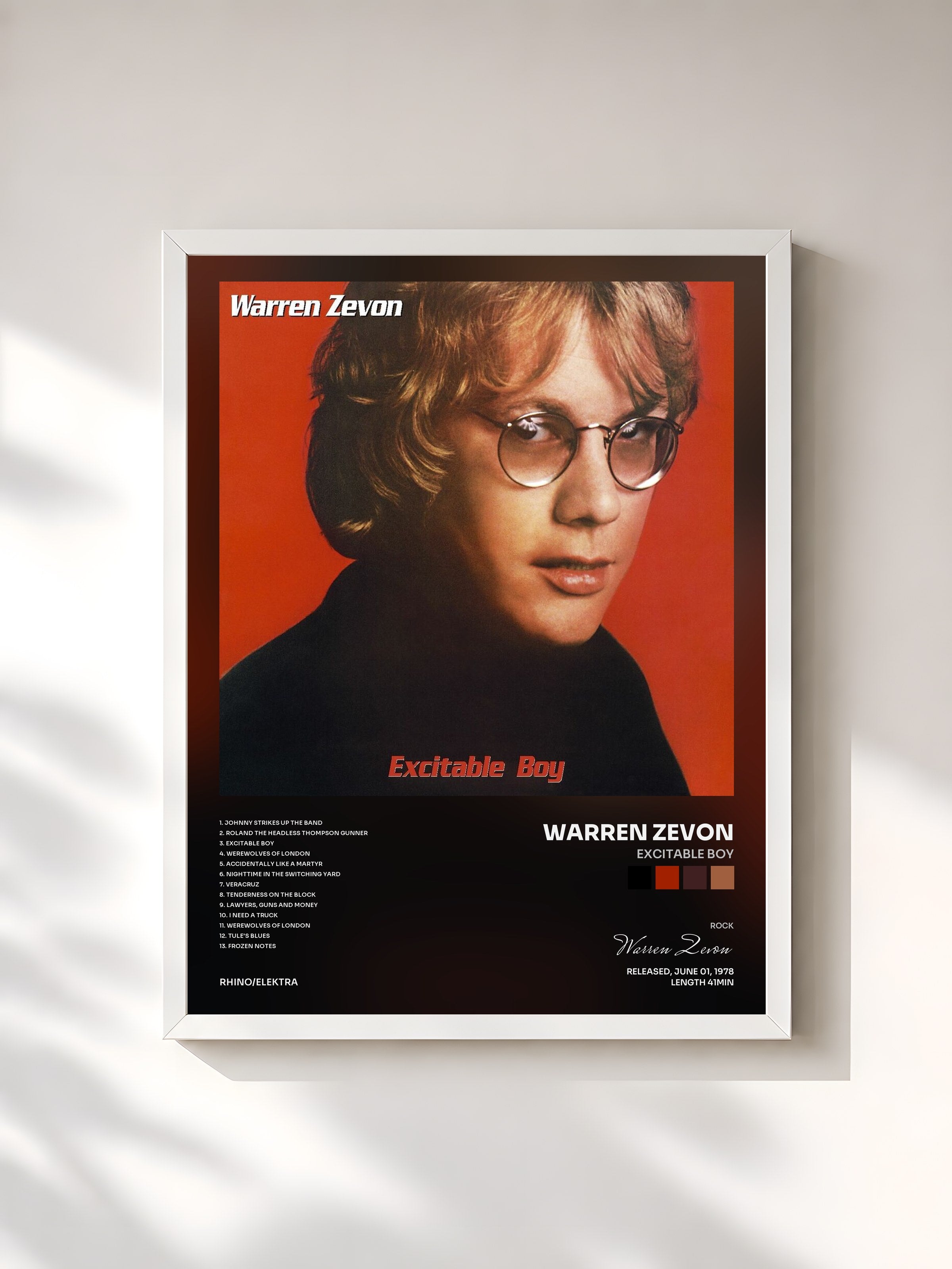#blanc Tableau de l'album Excitable Boy de Warren Zevon, cadre blanc, imprimé et encadré en France