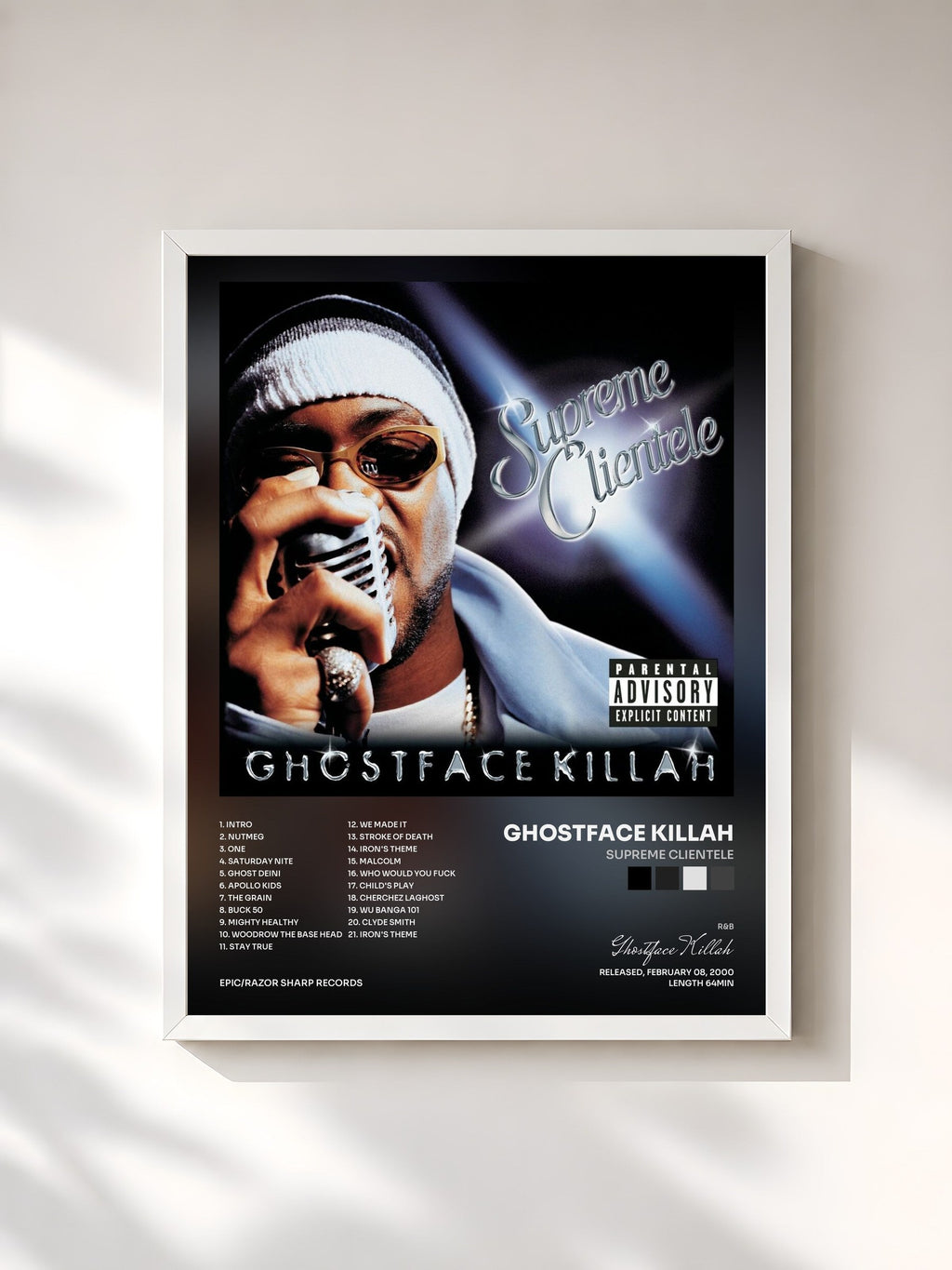 #blanc Supreme Clientele di Ghostface Killah in stampa incorniciata, cornice bianca, stampata e incorniciata in Francia