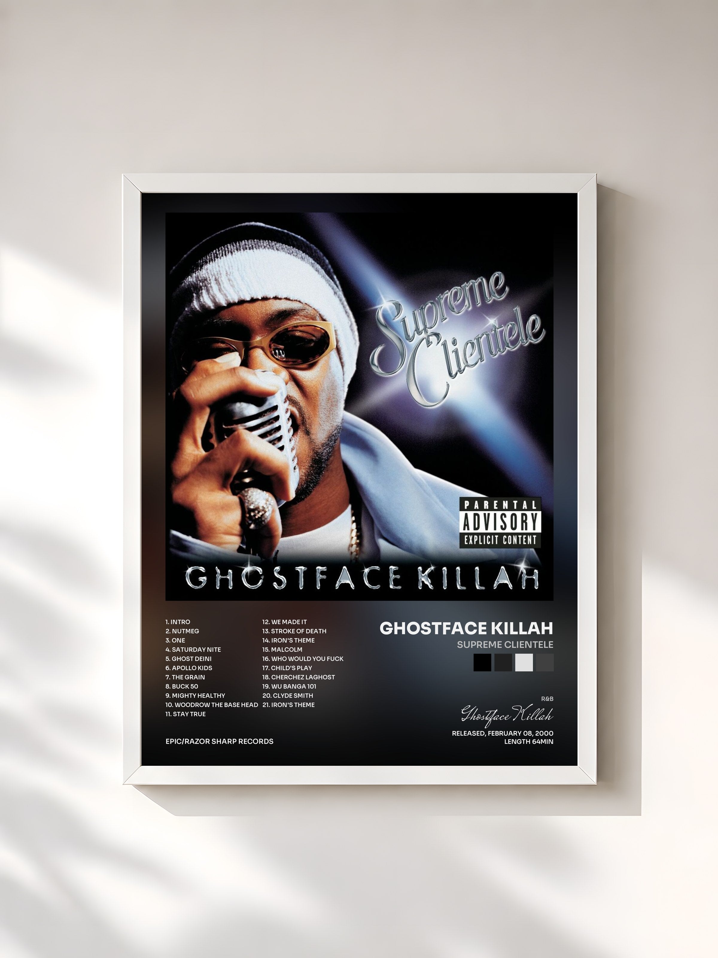 #blanc Tableau de l'album Supreme Clientele de Ghostface Killah, cadre blanc, imprimé et encadré en France