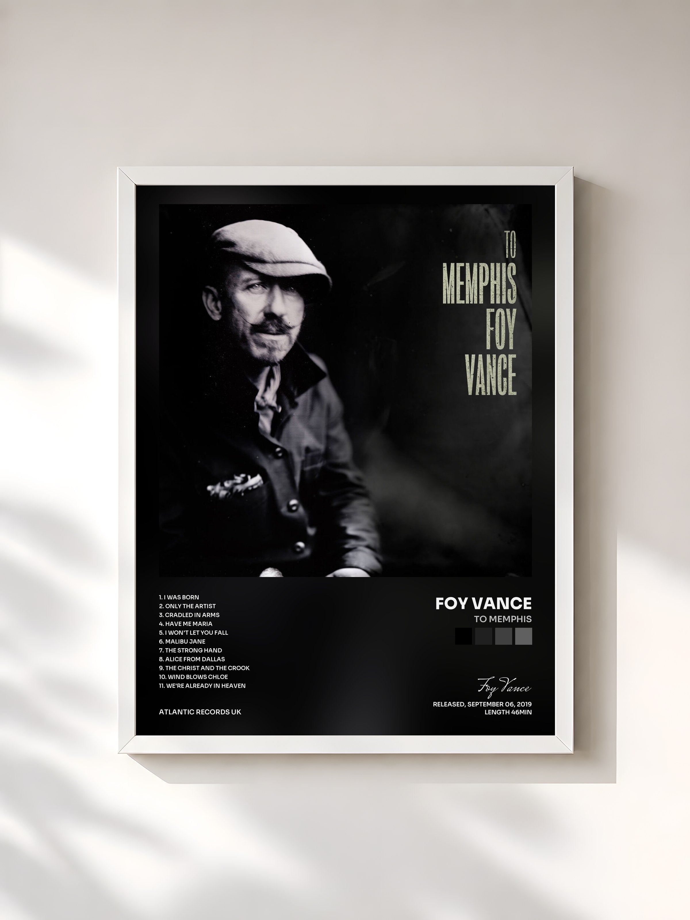 #blanc Tableau de l'album To Memphis de Foy Vance, cadre blanc, imprimé et encadré en France